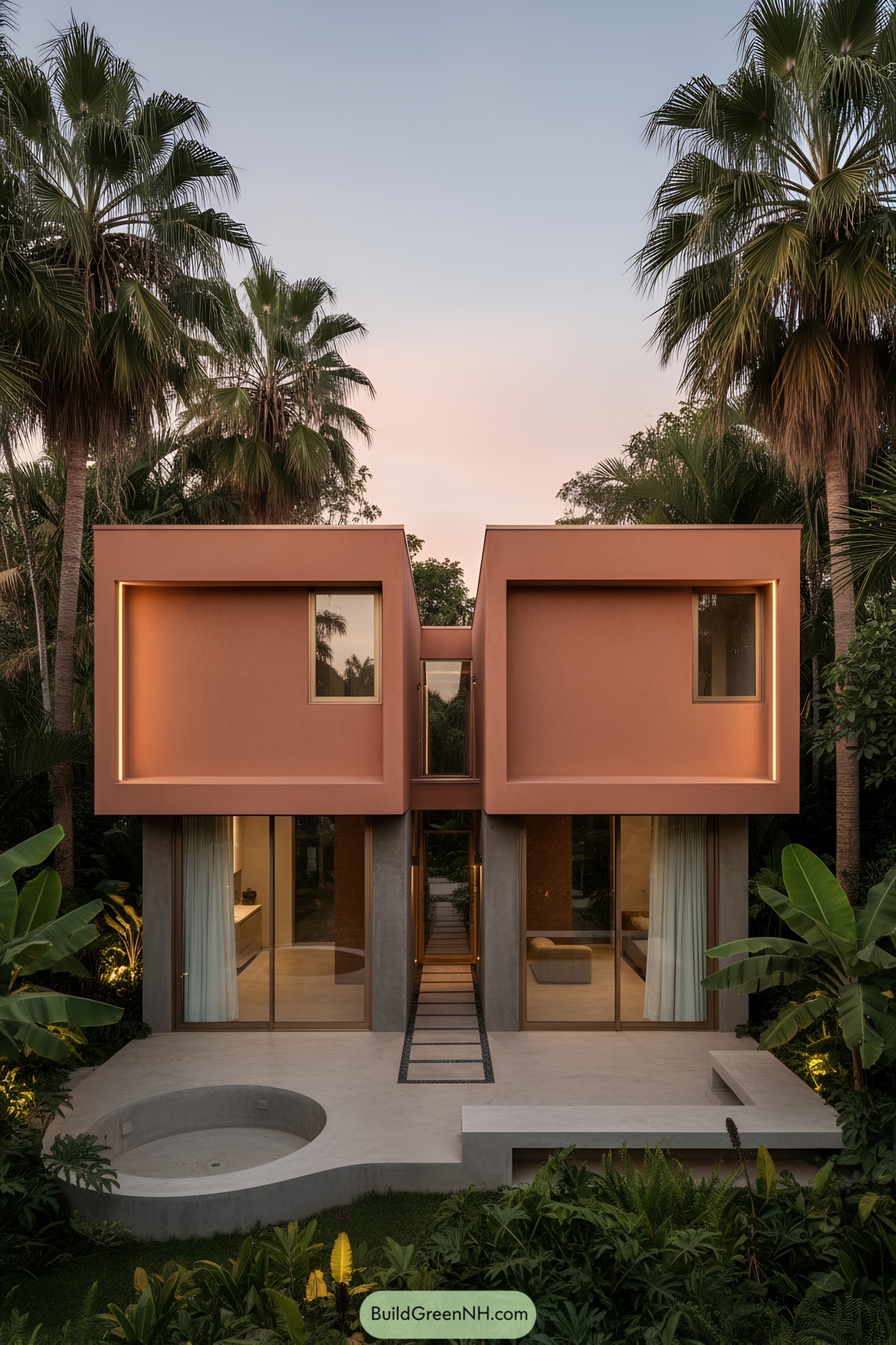 Modern terracotta house with twin box volumes and jungle patio