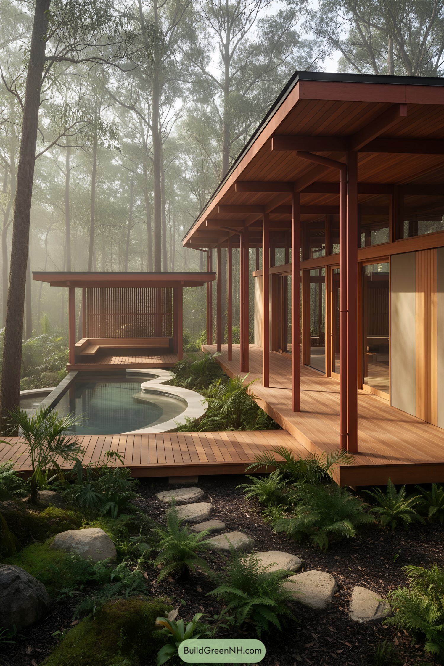 Open-air timber house with pool and pavilion