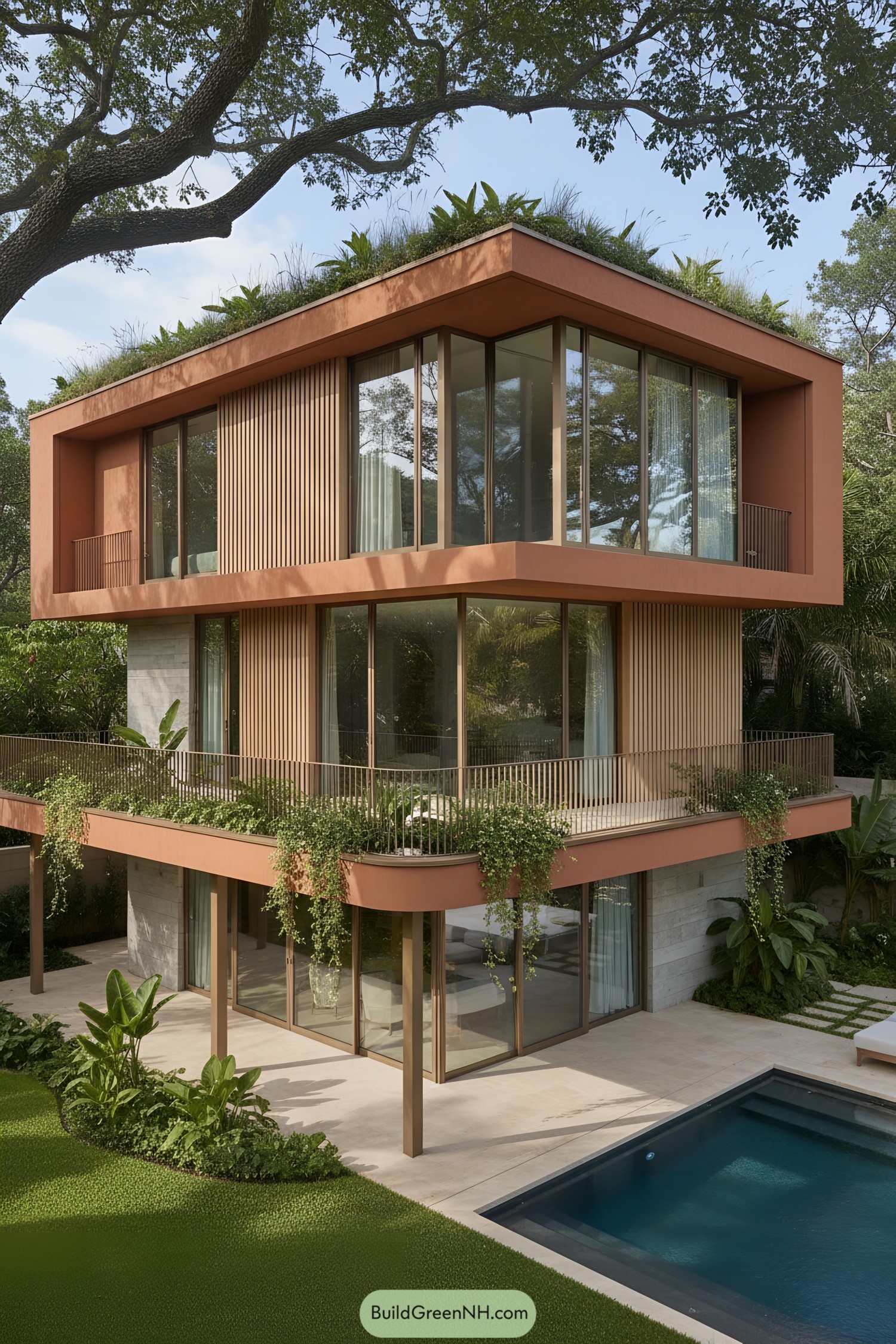 Modern terracotta house with green roof and pool