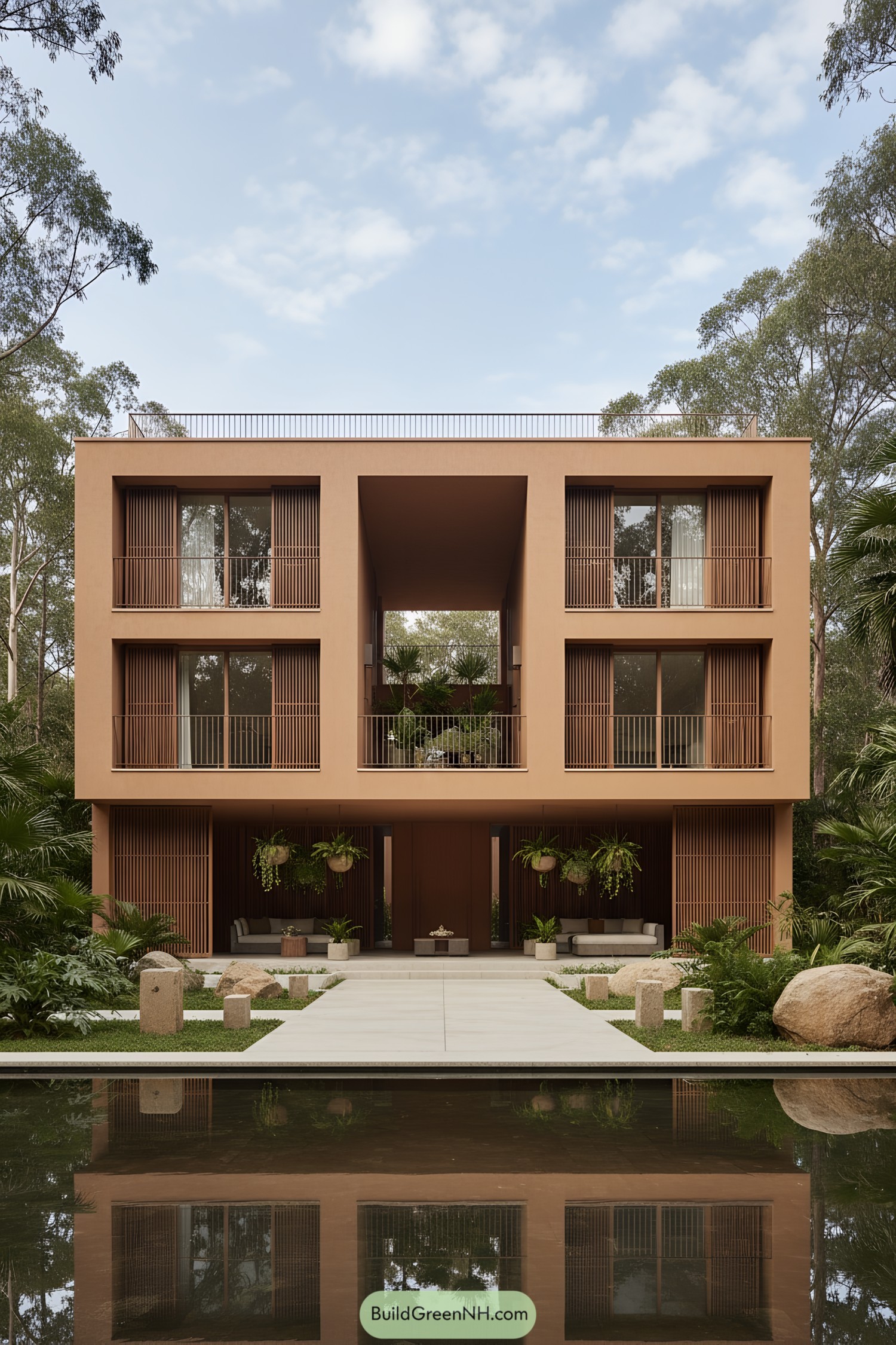 Modern terracotta home with central atrium and reflecting pool