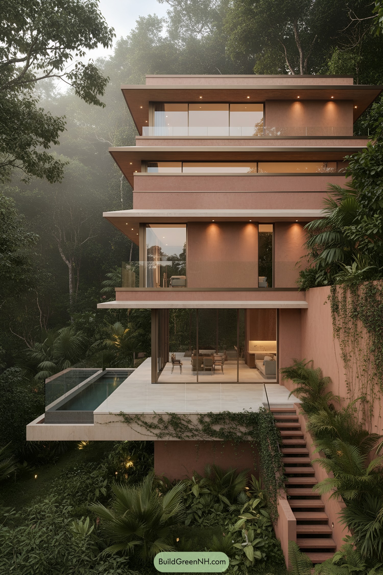 Modern terracotta house with stacked terraces and lap pool