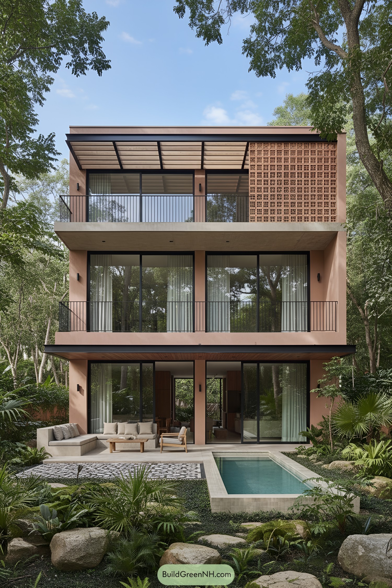 Three-story pink villa with lattice screen, balconies, and a slim courtyard pool amid lush greenery