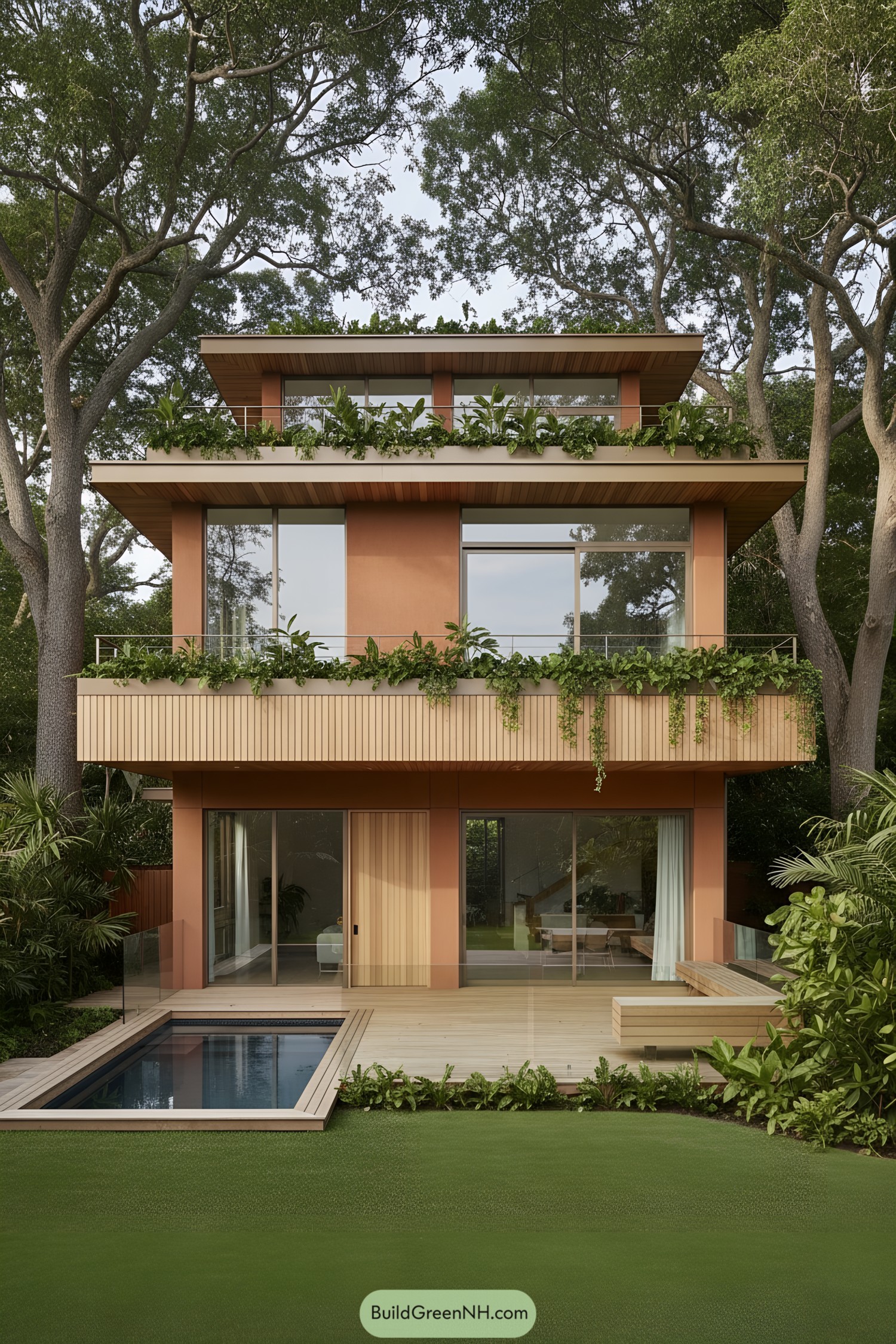 Modern terracotta house with layered green balconies