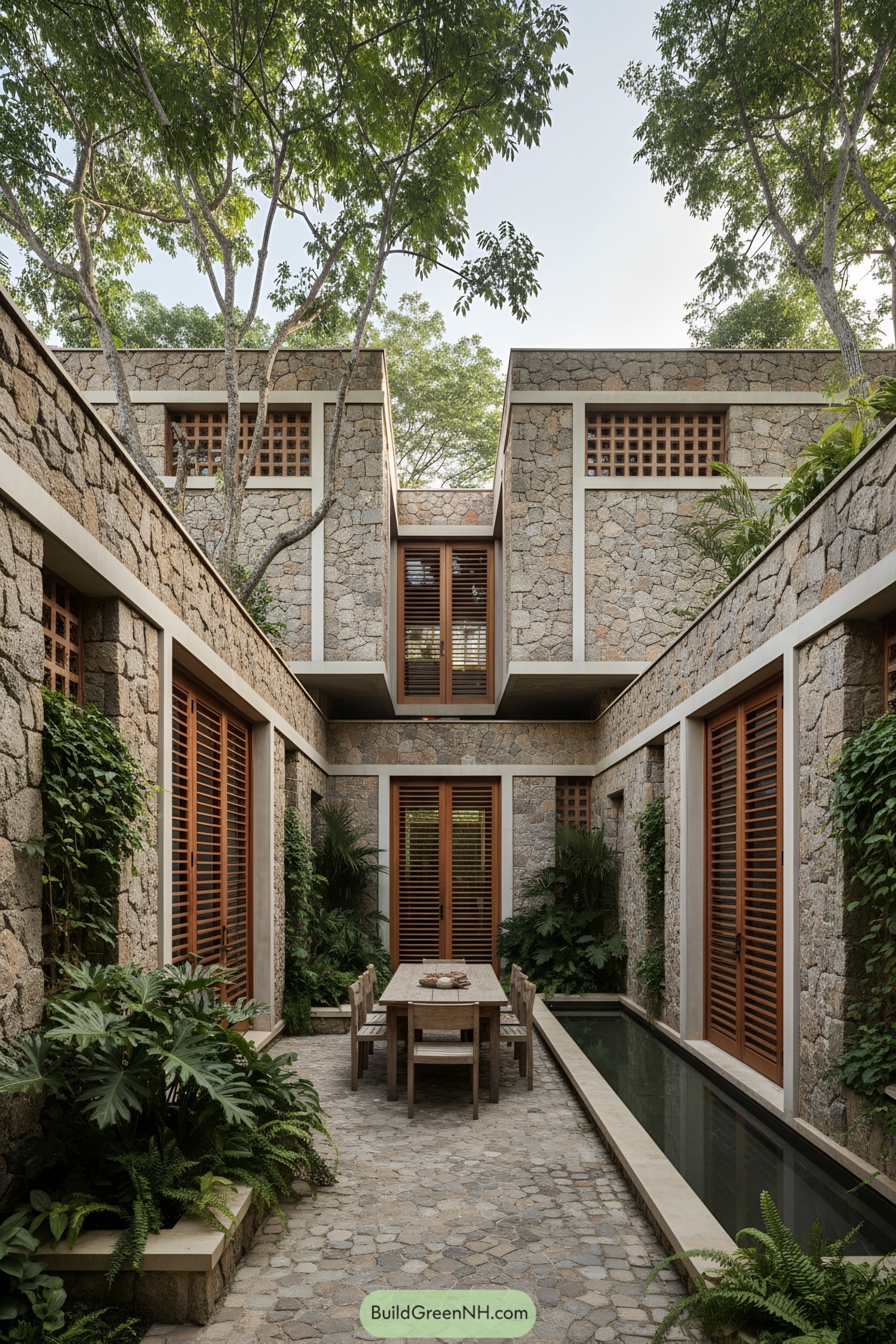 Stone-walled courtyard with timber screens and rill