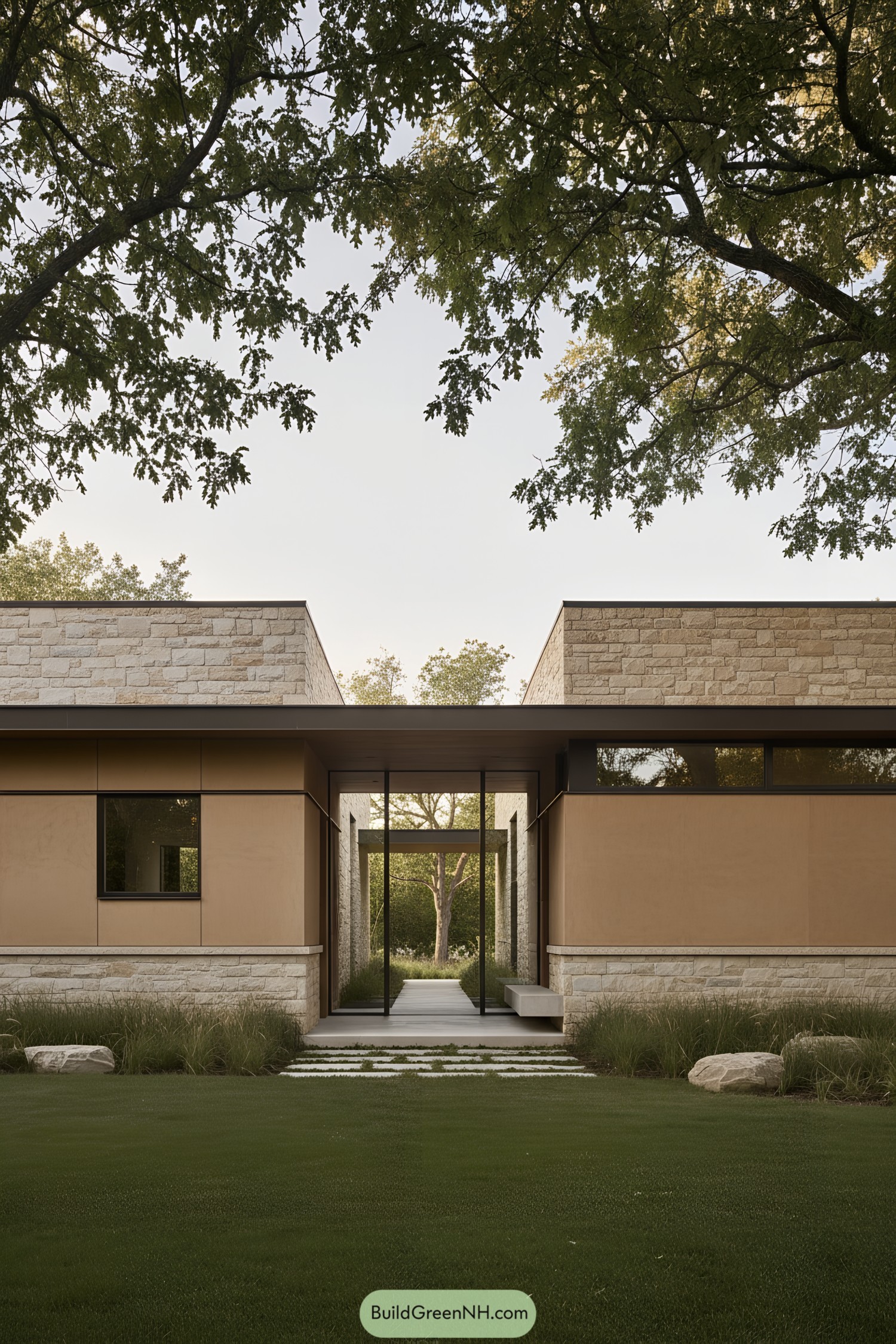 Modern courtyard home with stone and stucco facade framed by trees