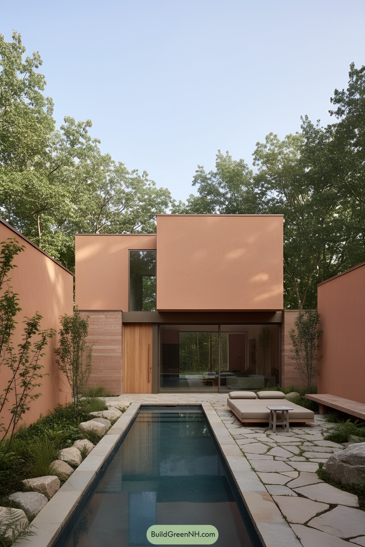 Modern courtyard with narrow lap pool