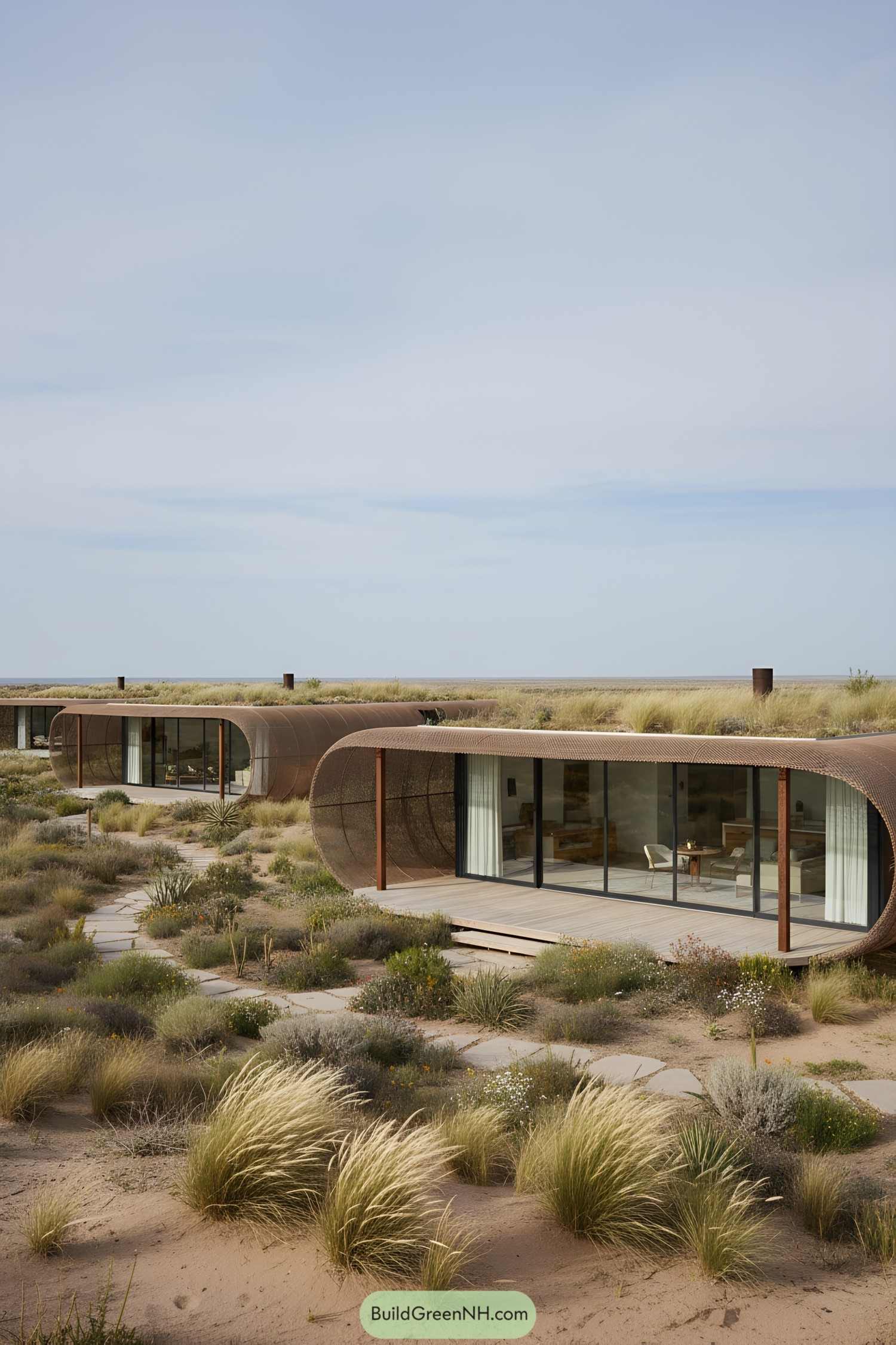 Low-slung dune homes with curved metal screens, glass fronts, and planted roofs