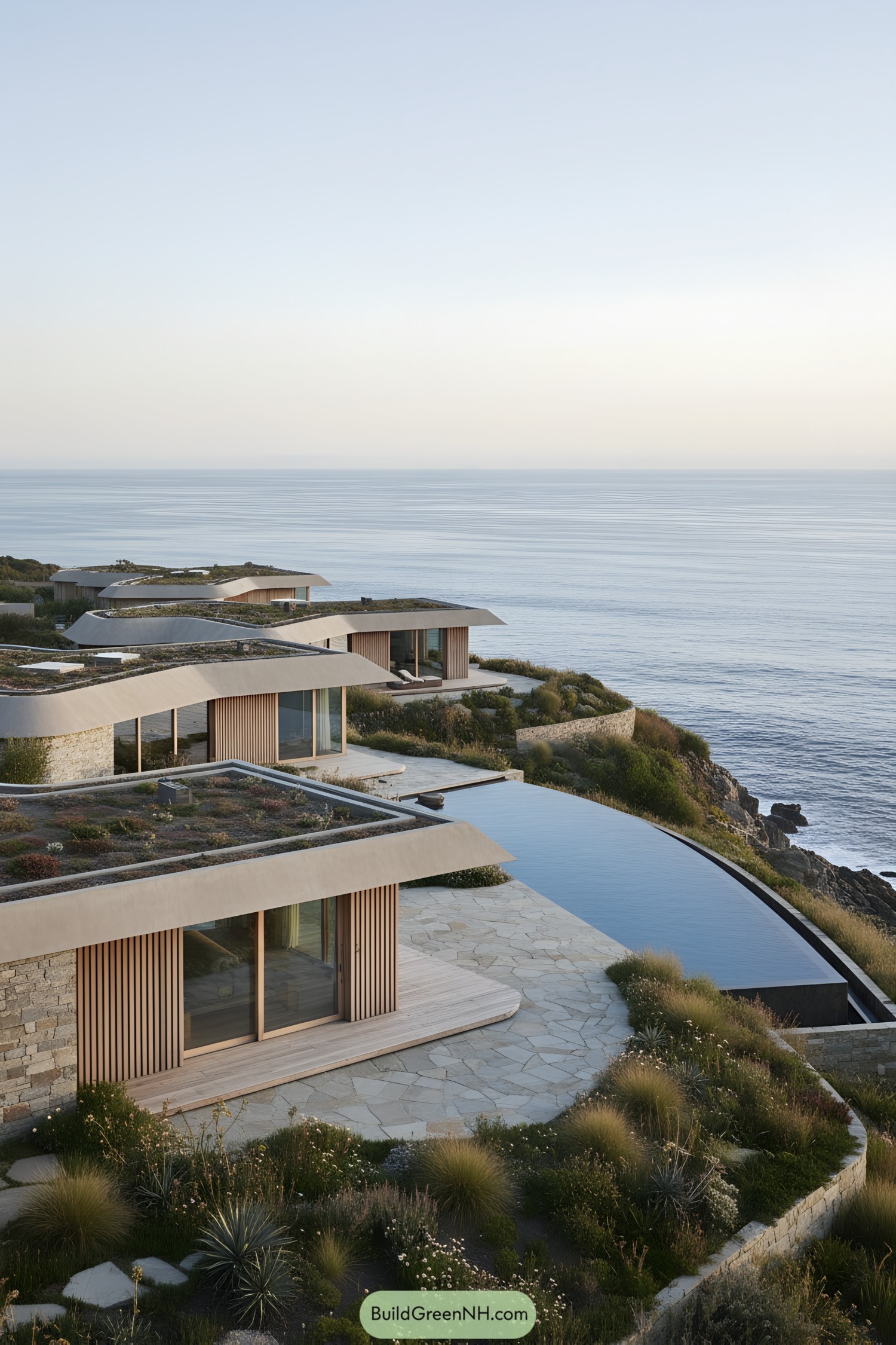 Low-slung cliffside dwellings with green roofs, wood and stone facades, and an infinity pool merging with the sea