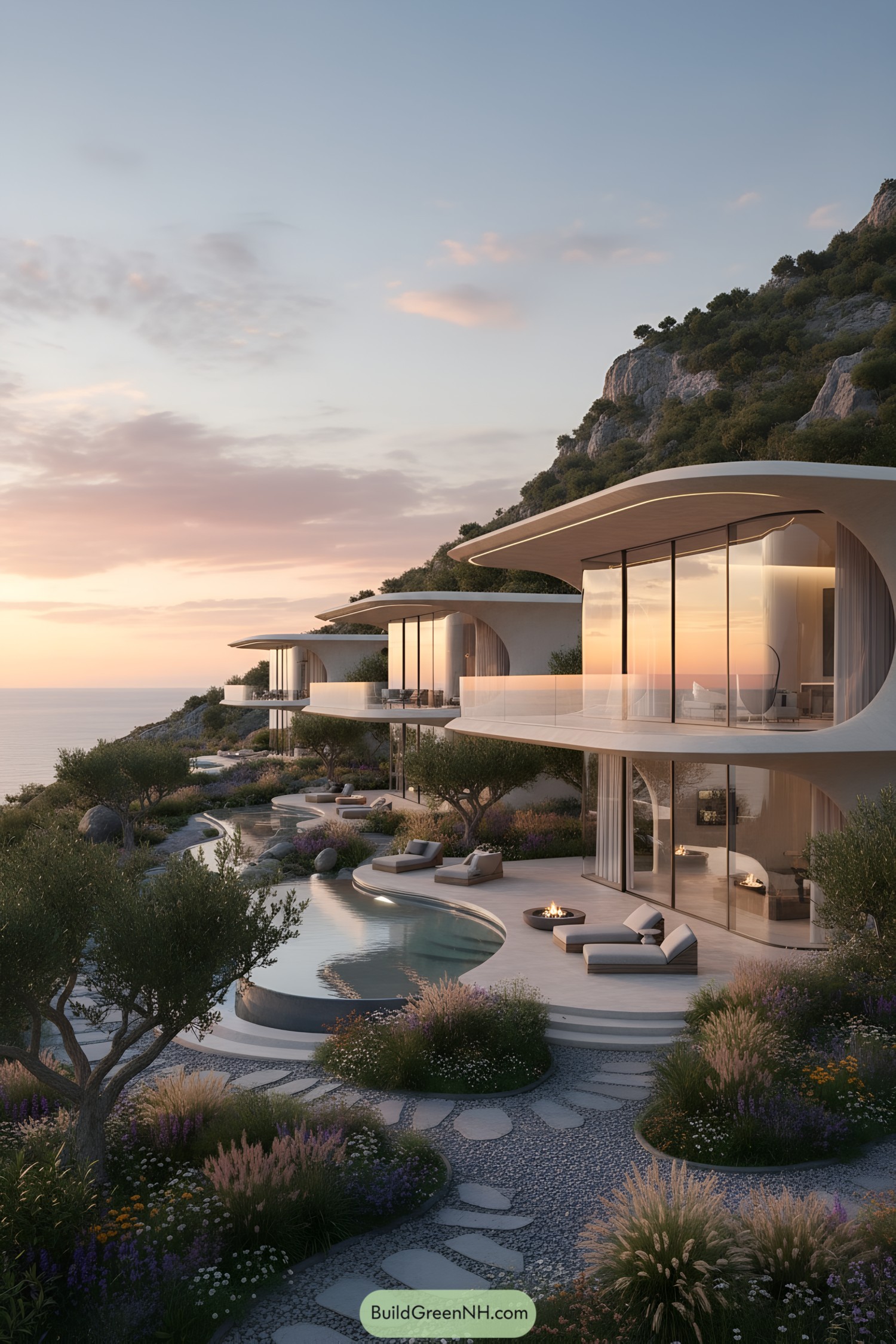 Curved glass cliffside villas with infinity pools, terraces, and native gardens at sunset