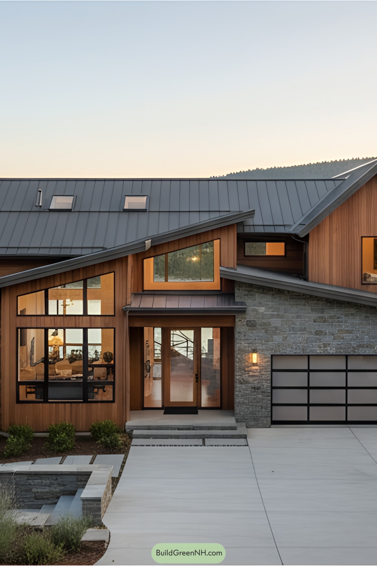 Modern lake house with wooden and glass exterior
