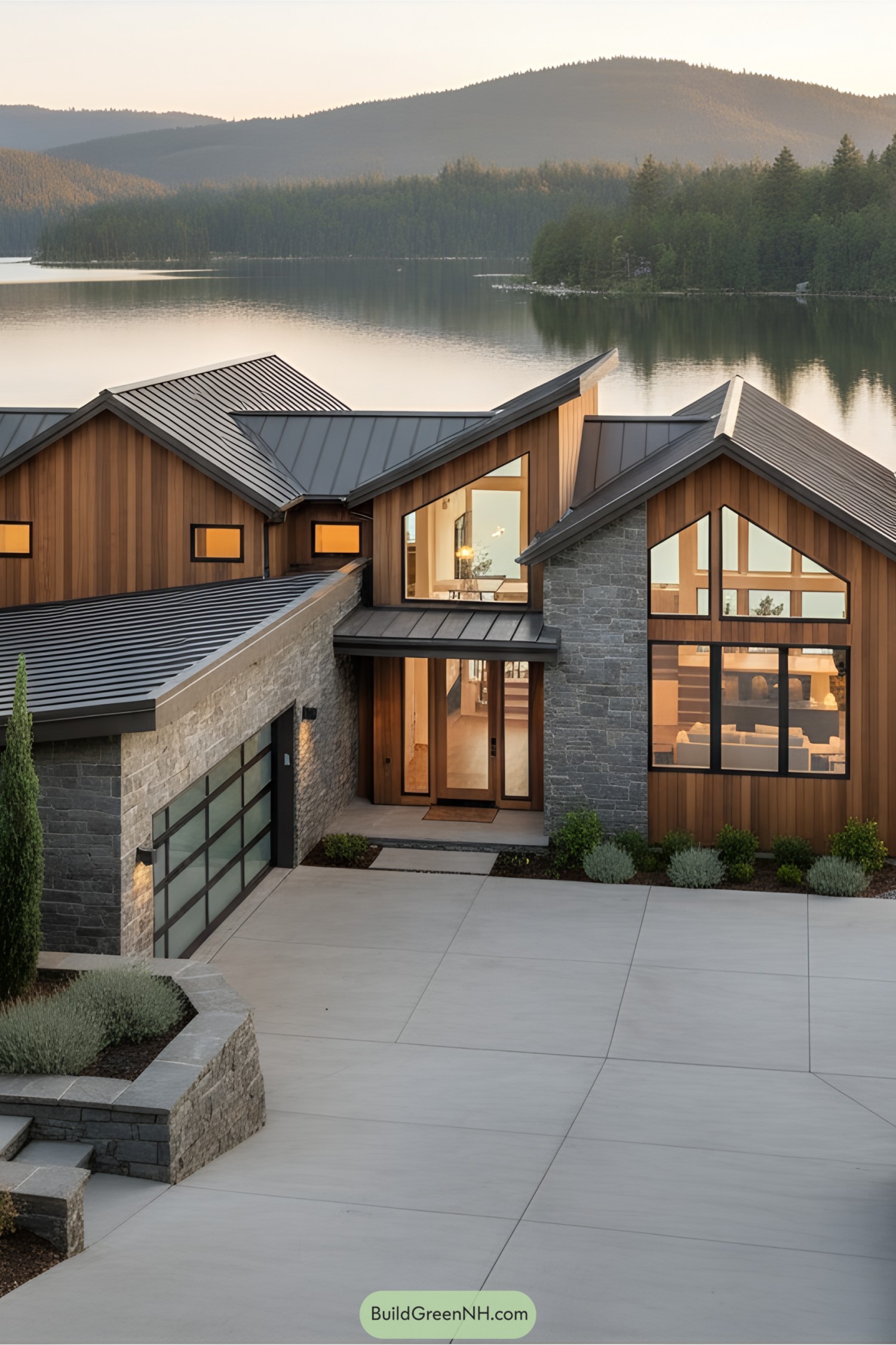 Modern lake house with wooden and stone facade near a serene lake