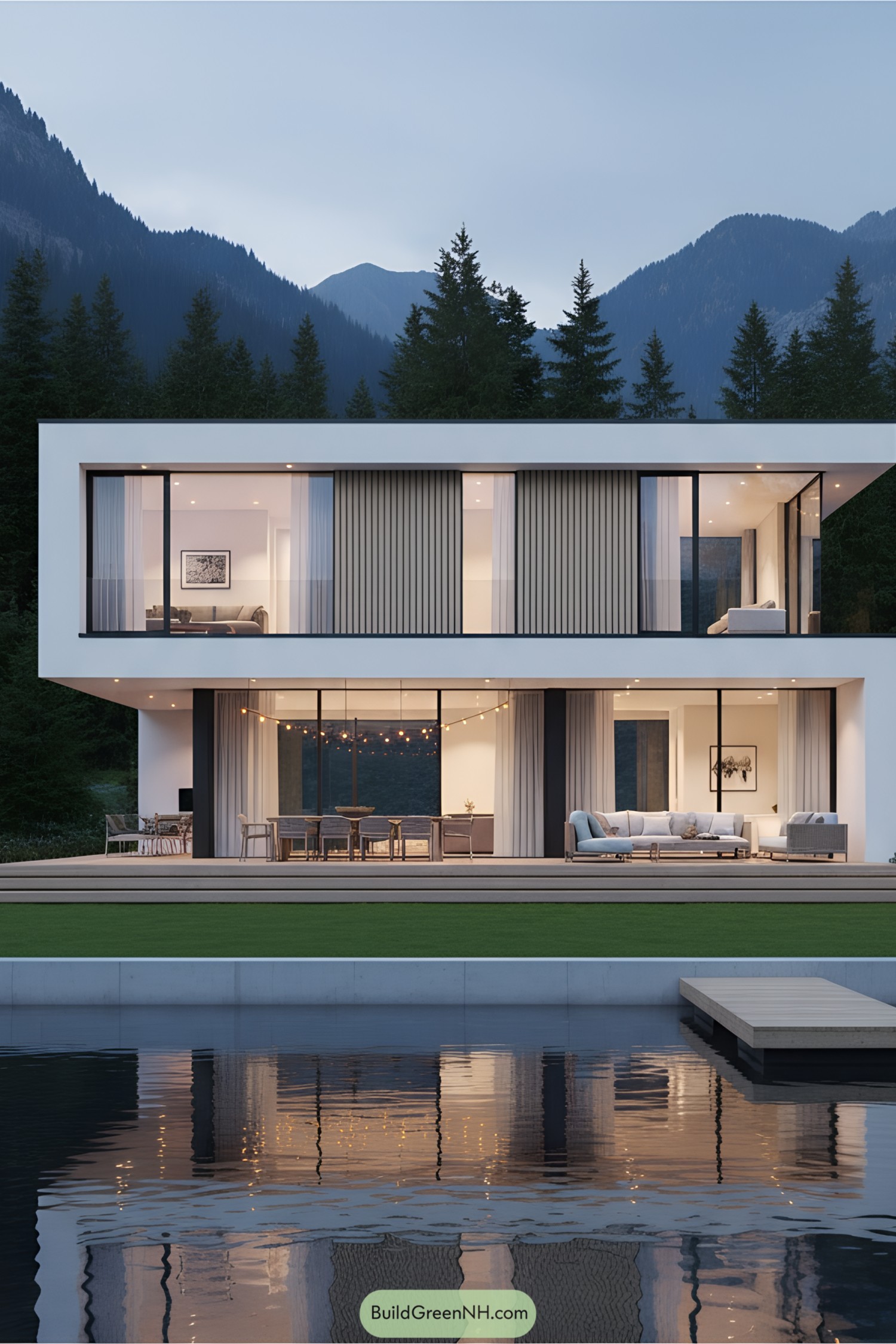 Sleek modern lake house with glass facade