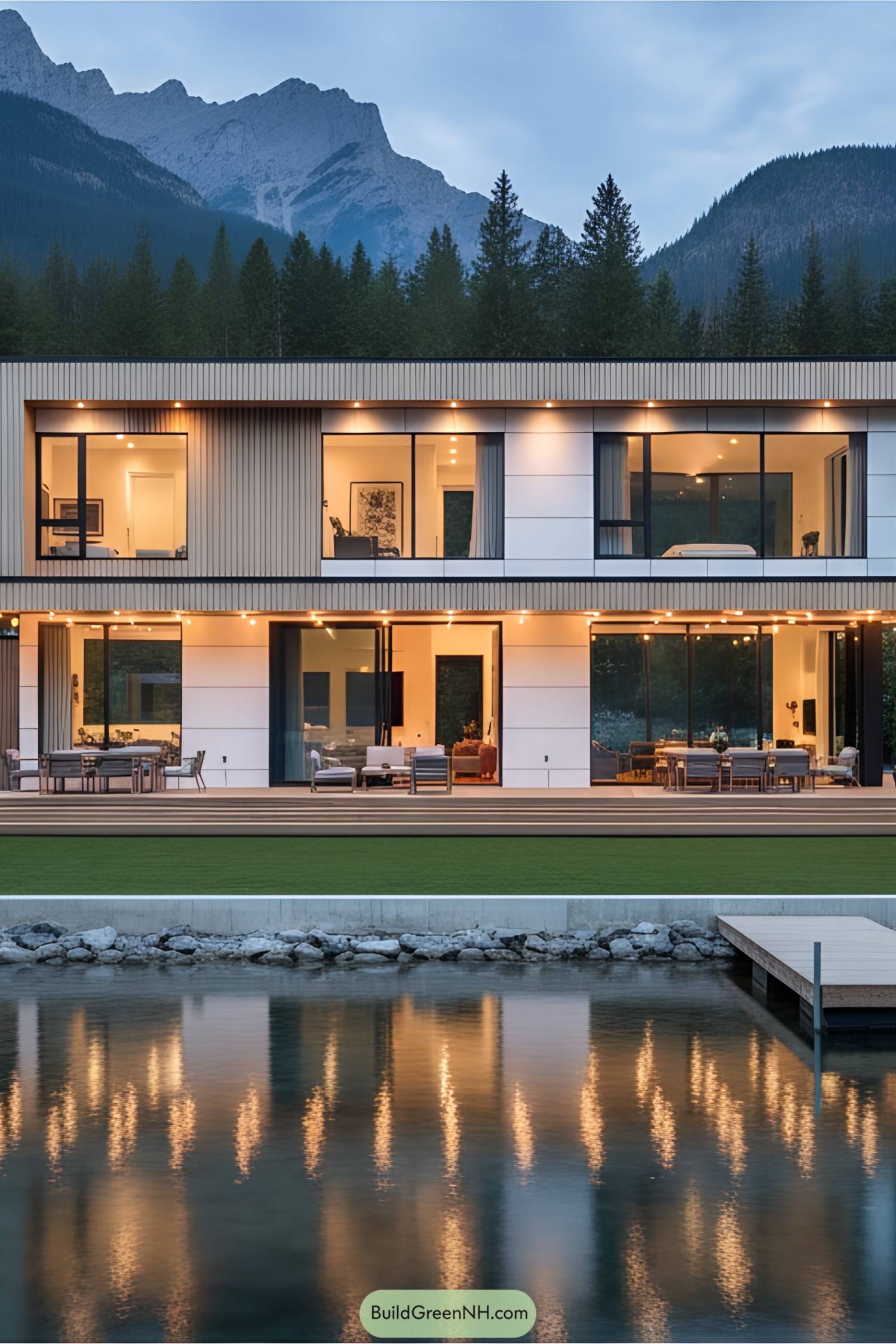 Modern lake house with large glass windows reflecting in the water
