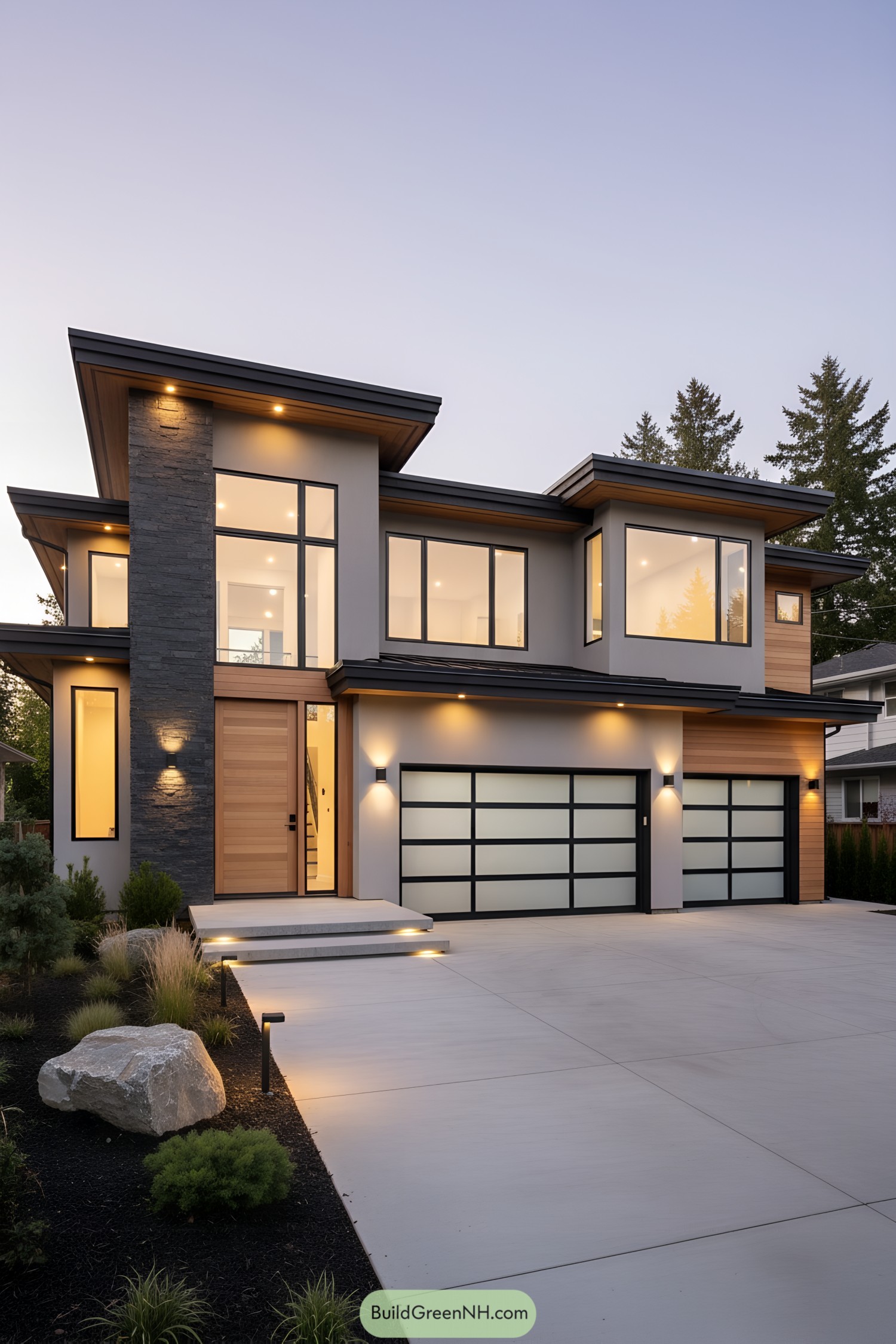 Two-story modern house with wide eaves, glass garage doors, and warm wood accents at dusk