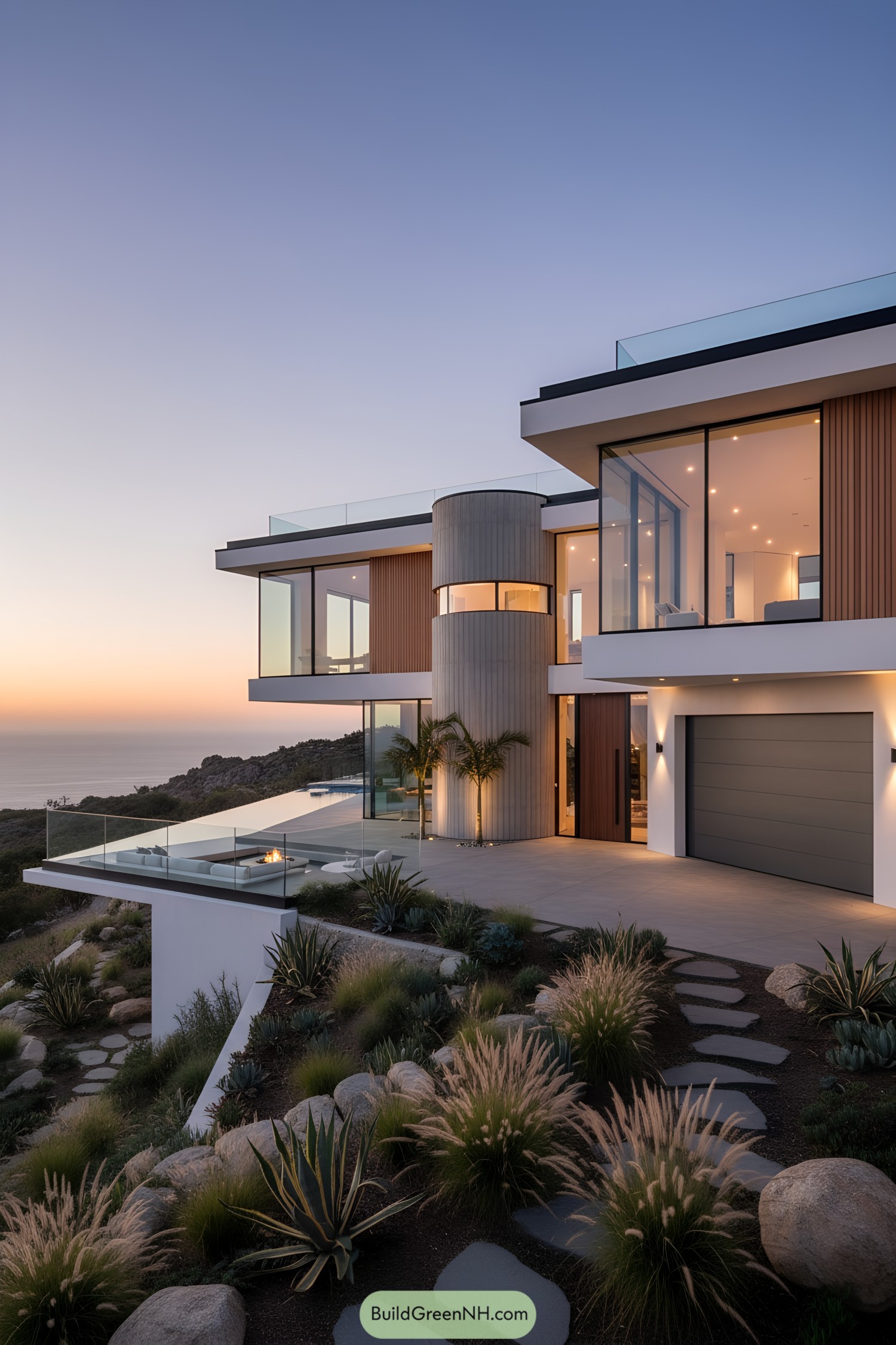 Modern clifftop mansion with glass terraces at sunset