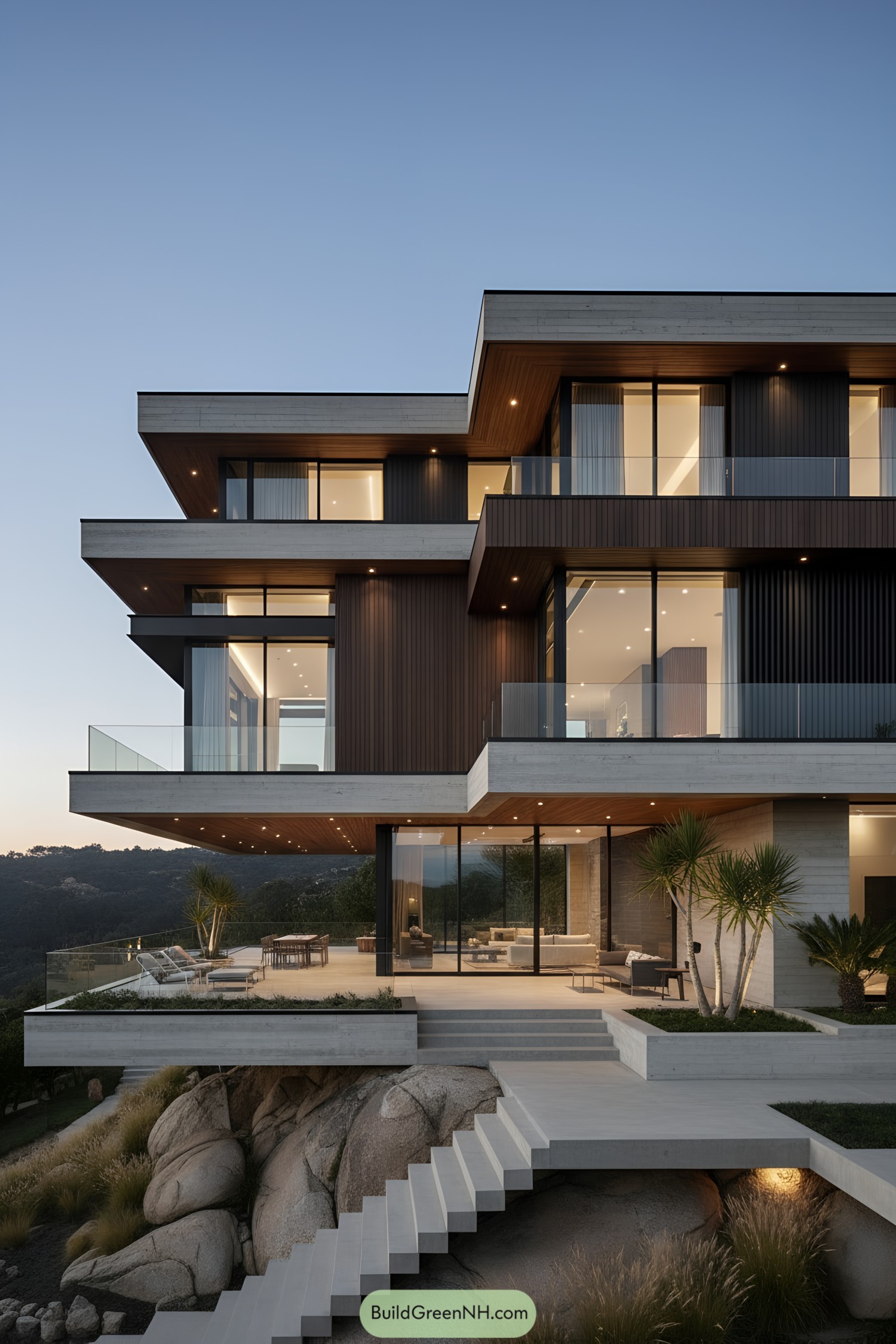 Terraced modern mansion with glass balconies at dusk
