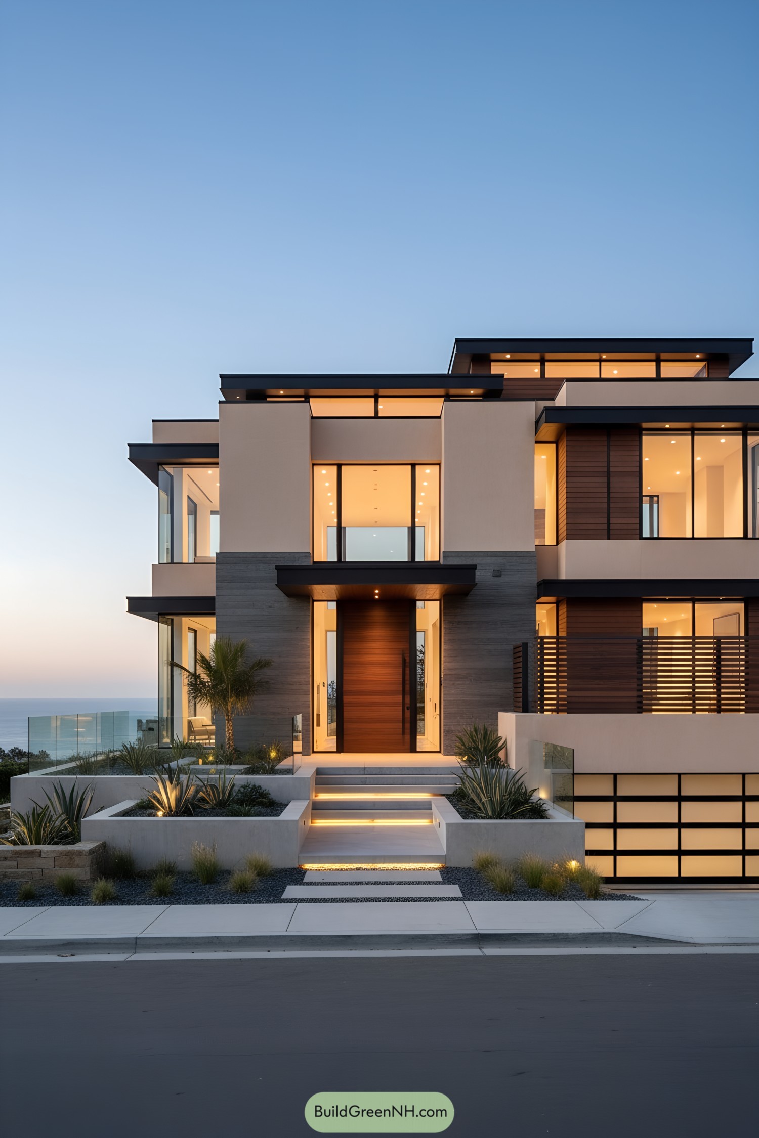 Modern coastal mansion with tiered entry