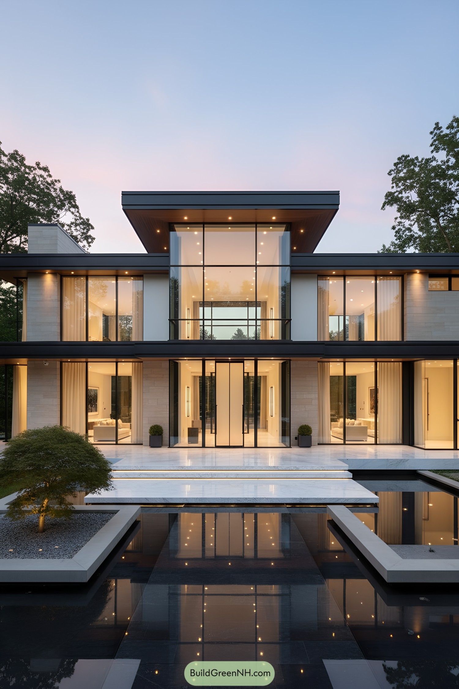 Modern glass-front mansion with reflecting pool