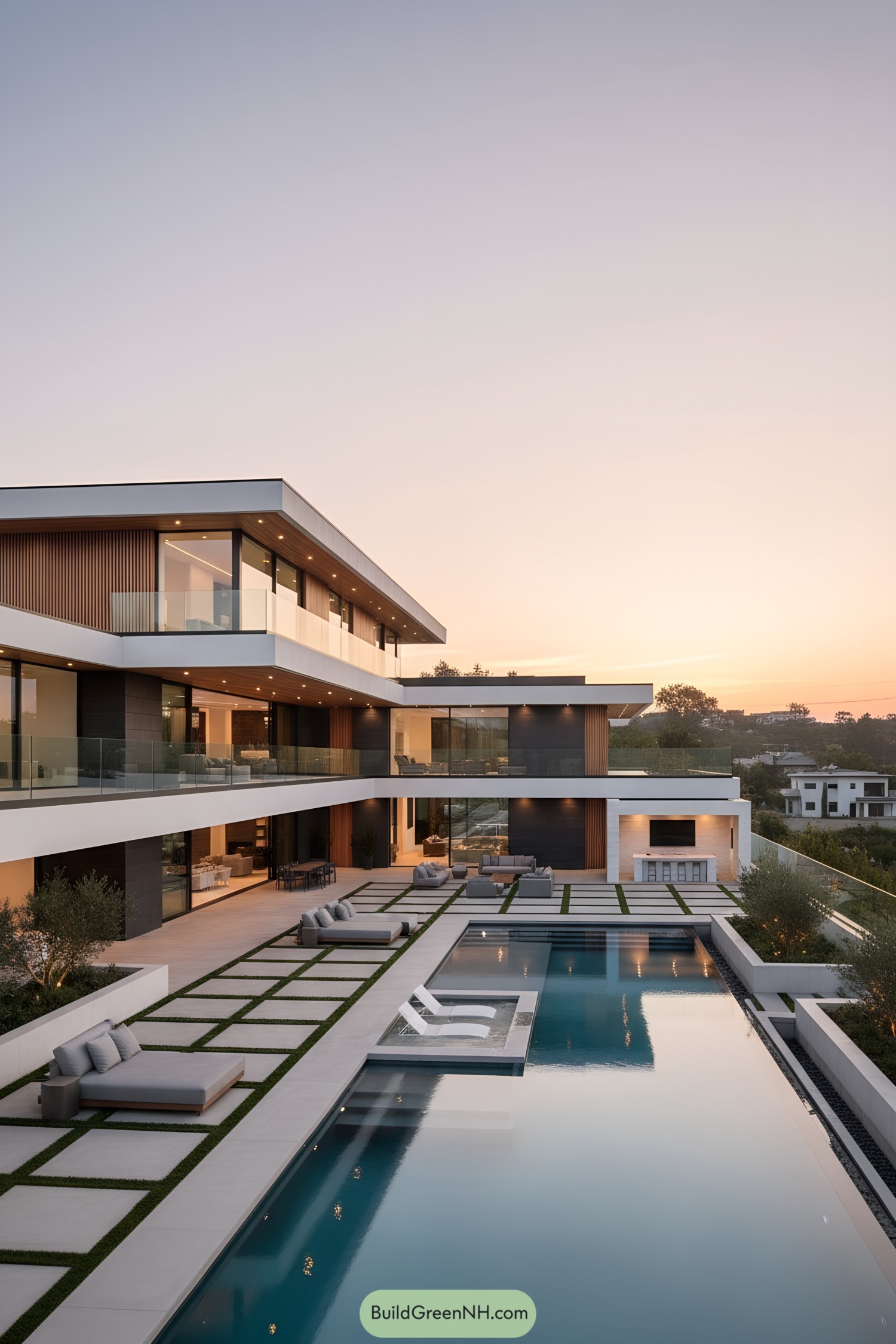 Modern hillside mansion with tiered terraces and a long pool courtyard at sunset