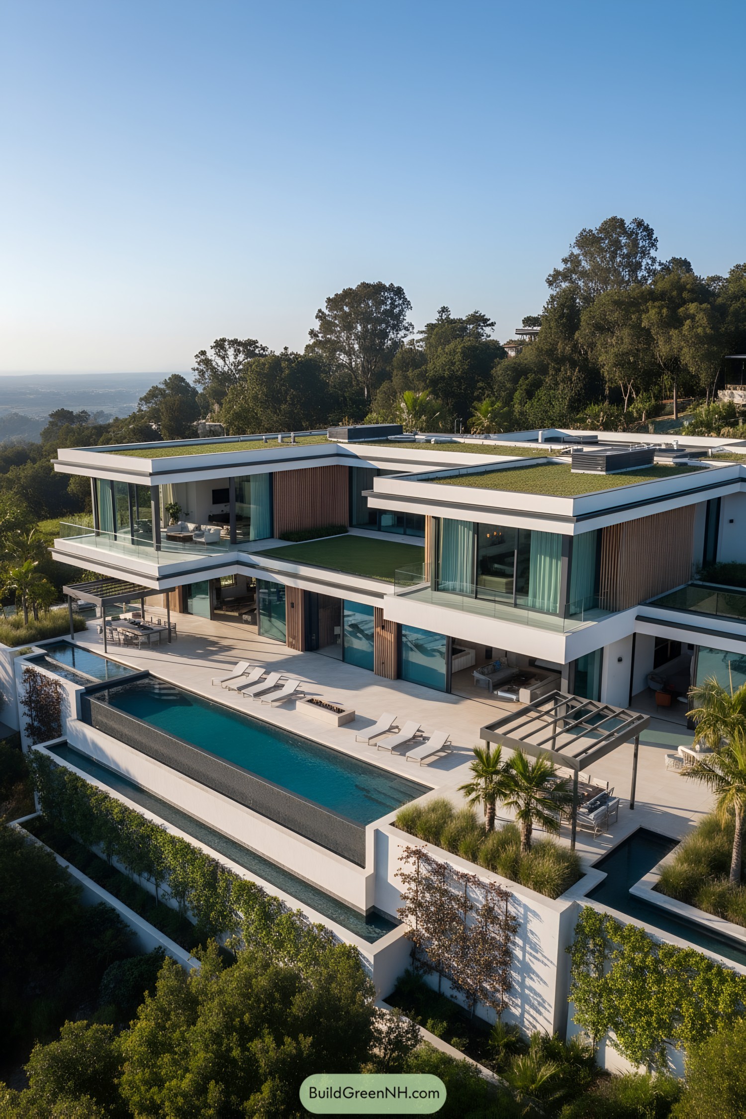 Modern hillside mansion with tiered pool and terraces