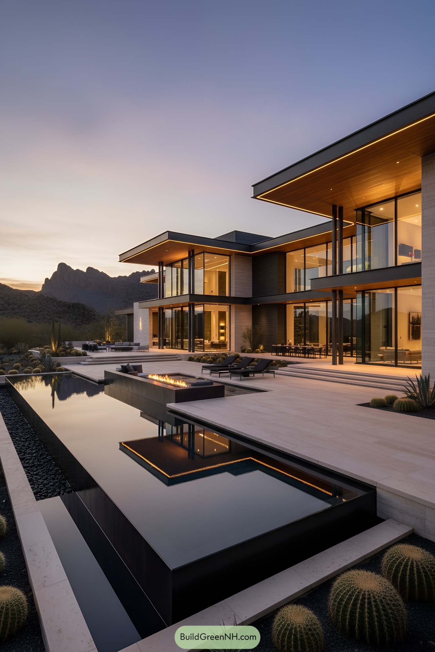 Modern desert mansion with reflecting pool and fire feature at dusk