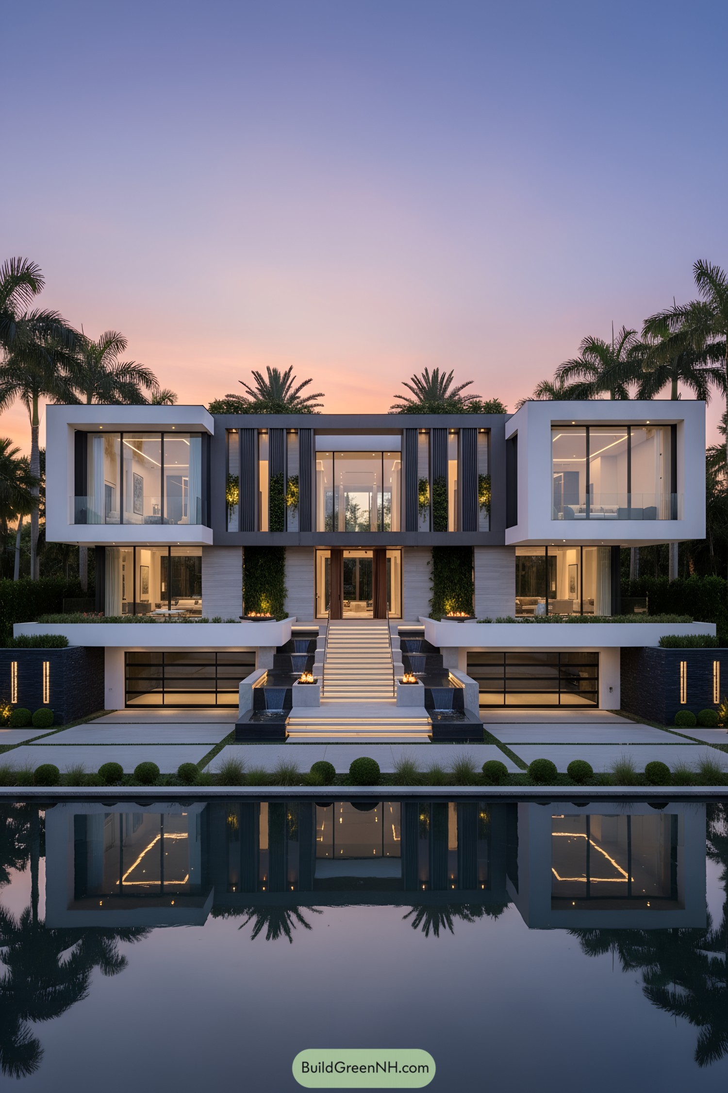 Modern waterfront mansion with tiered steps and cantilevered volumes at sunset