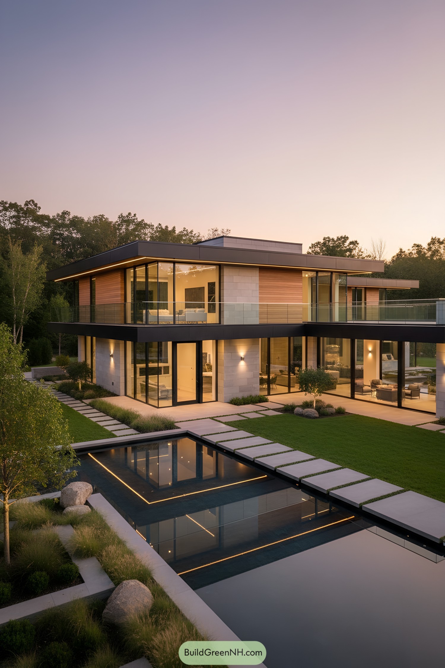 Two-story modern villa with glass walls, cantilevered roof, and reflecting pool at dusk