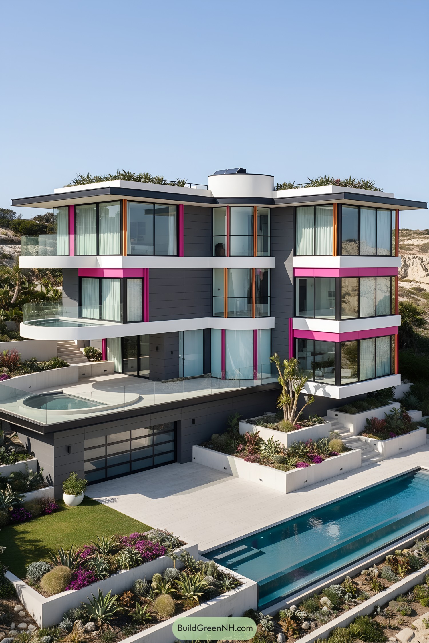 Color-blocked modern mansion with terraces and pool