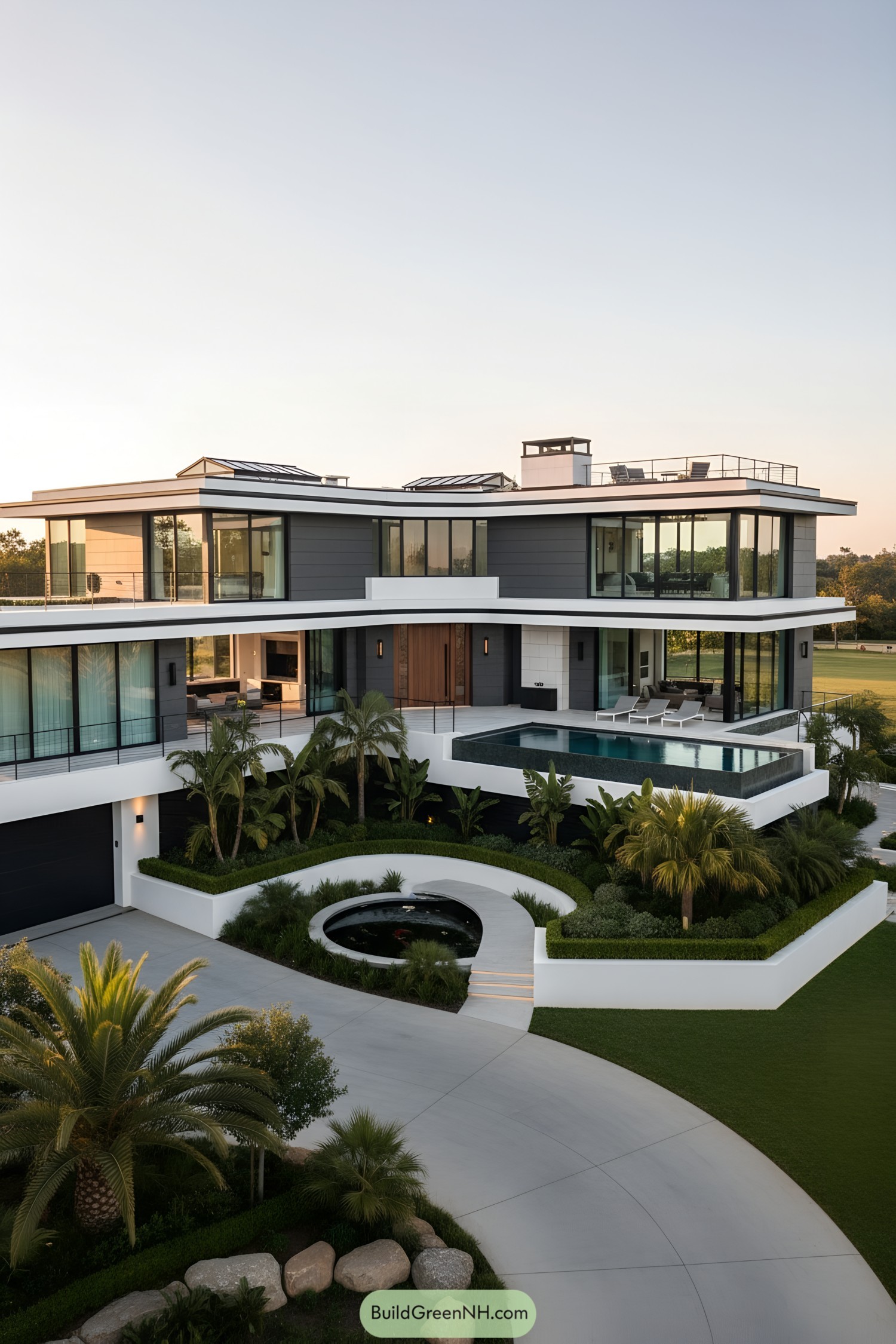Modern multi-level mansion with curved terraces and pool