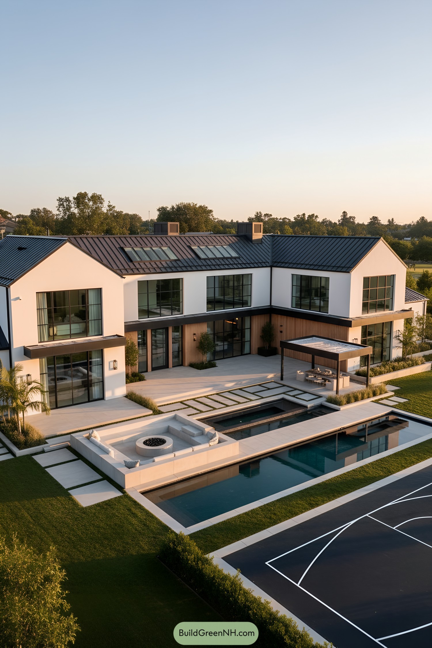 White gabled modern mansion with pool and court