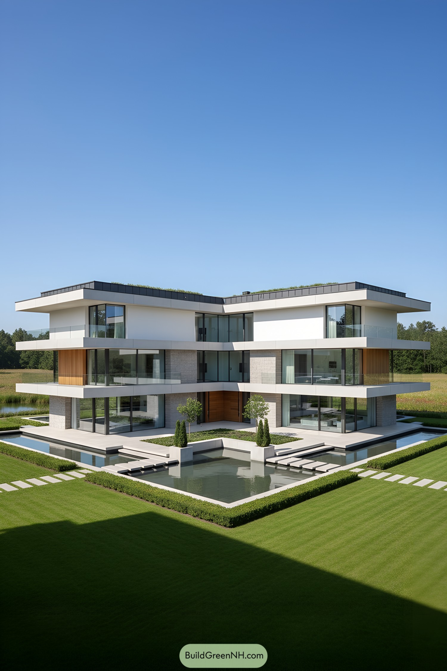 Modern mansion with tiered volumes over reflecting pools and glass walls