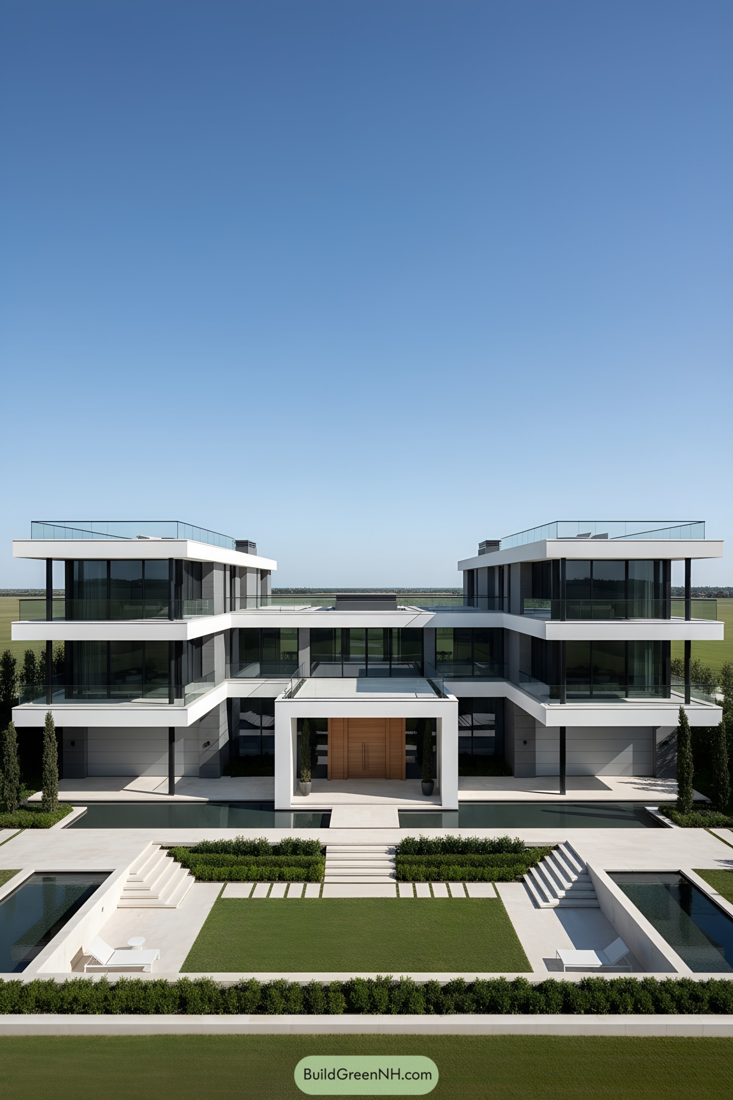 Modern white-and-glass mansion with reflecting pools