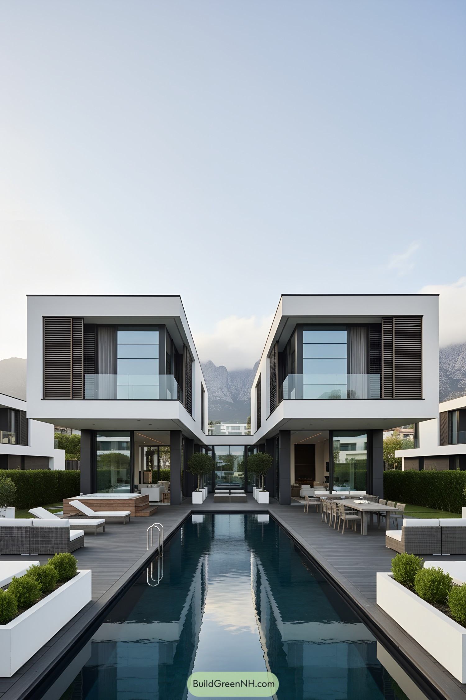 Symmetrical modern villa with long central pool