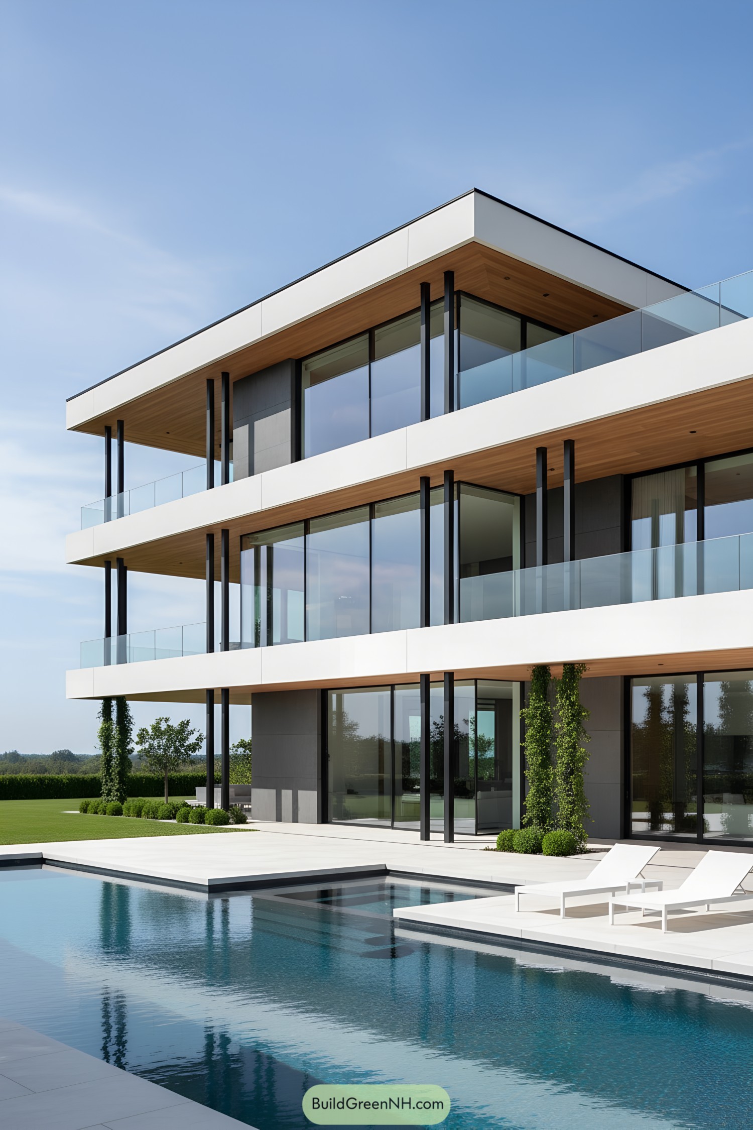Three-story modern villa with glass balconies and reflecting pool