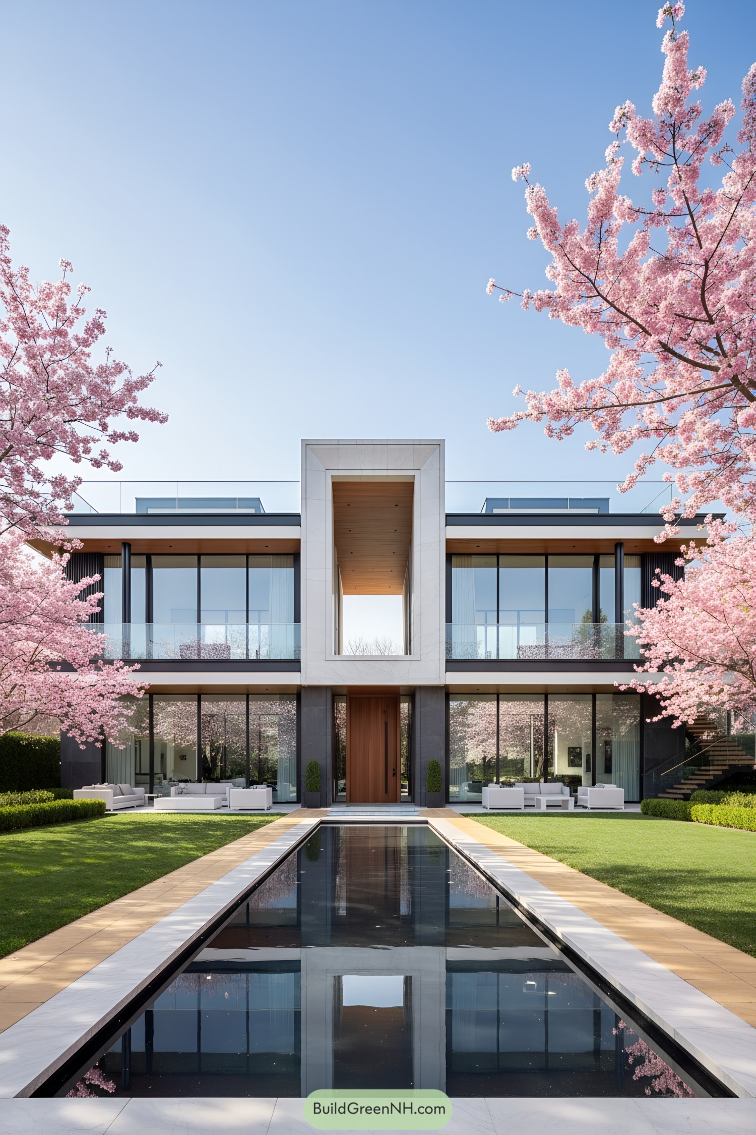 Modern mansion with reflecting pool and cherry blossoms