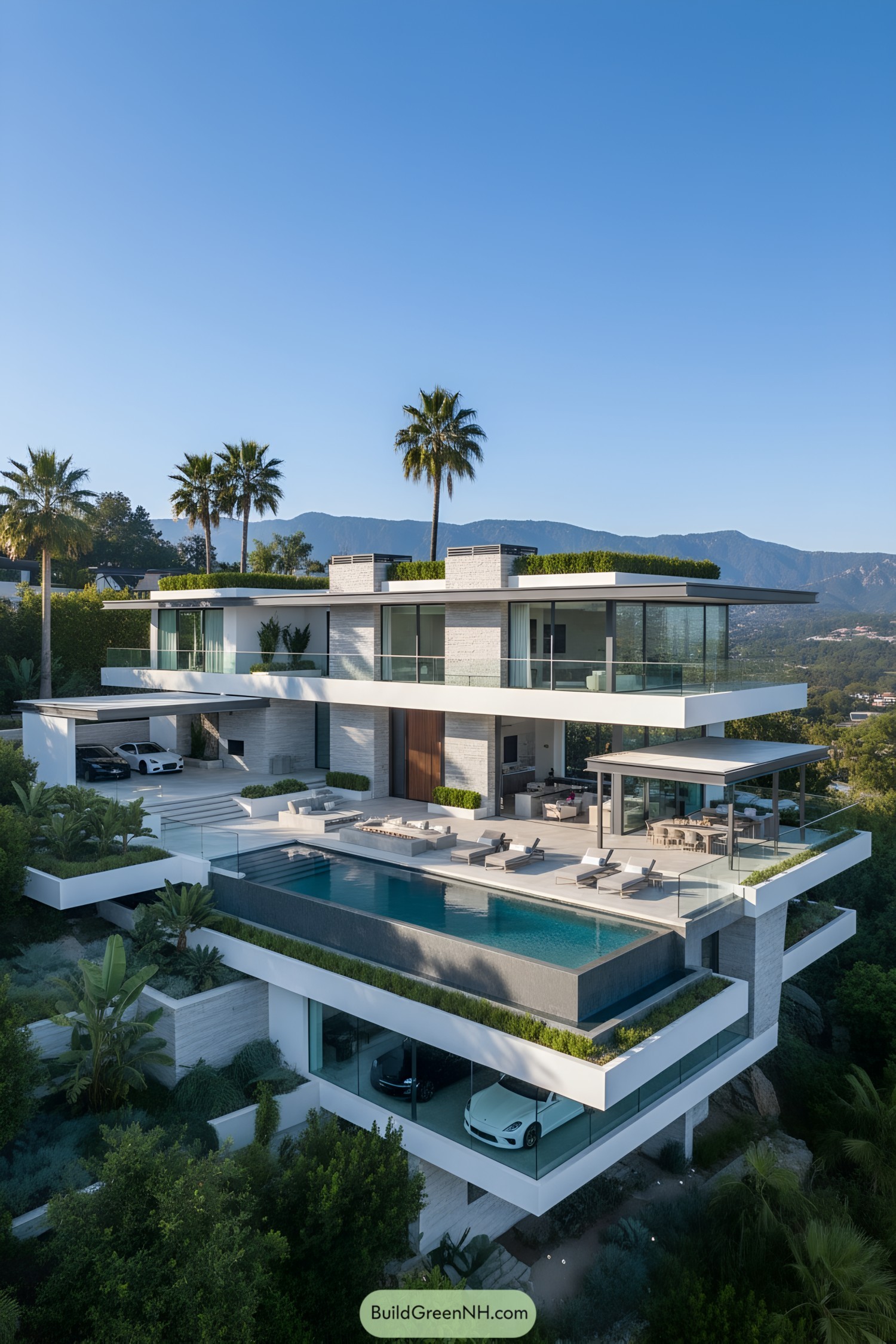Tiered white modern mansion with cantilevered terraces and an infinity pool overlooking hills
