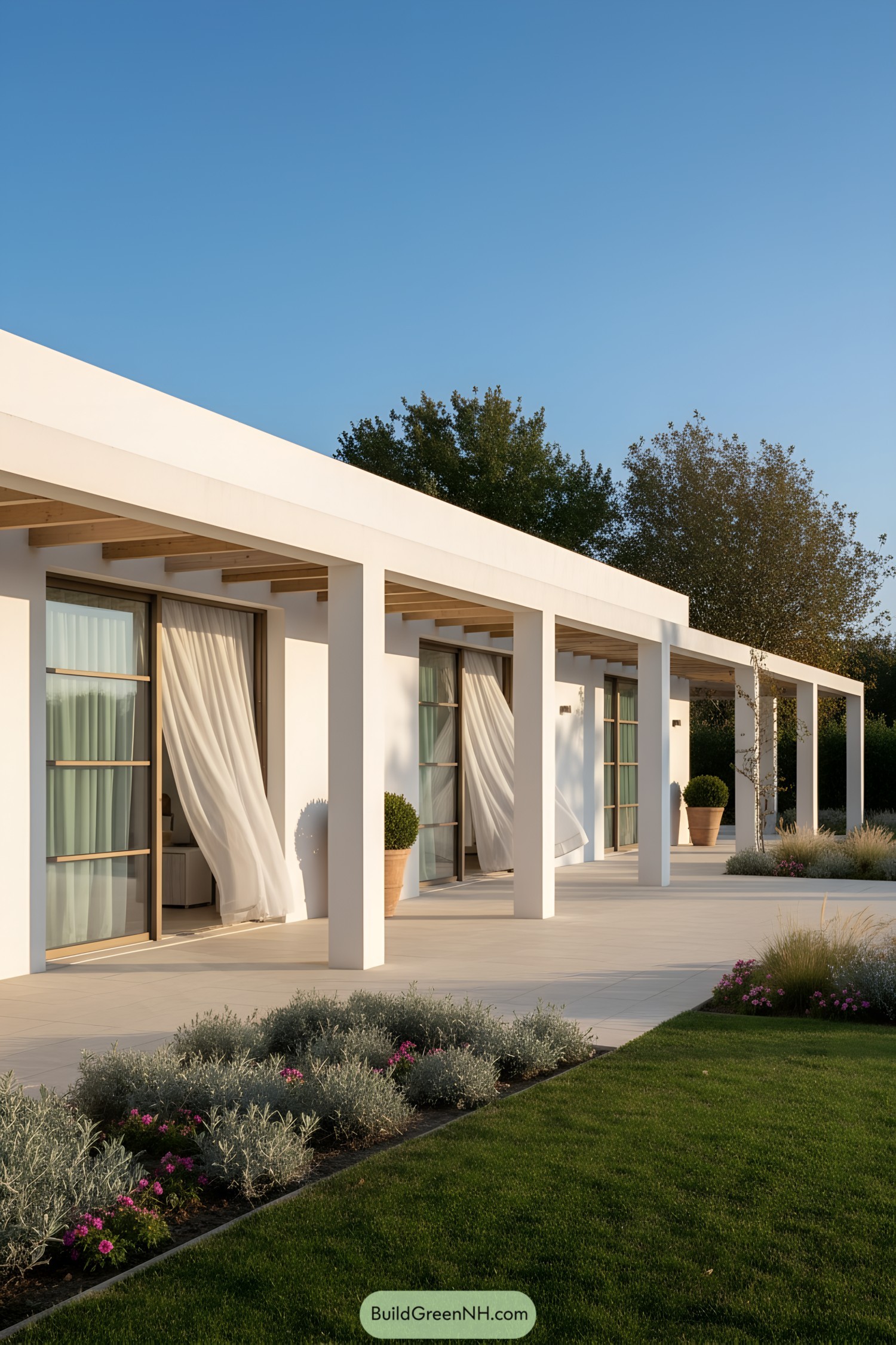 White stucco veranda with flowing curtains