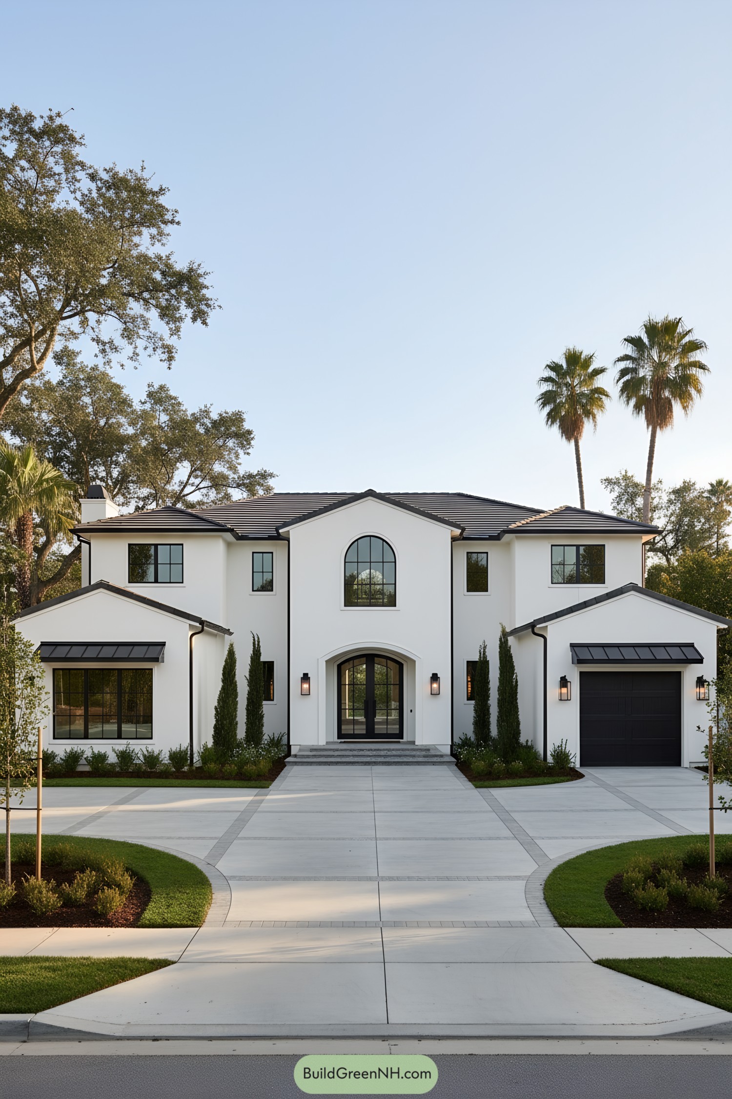 White stucco Mediterranean farmhouse with arched entry, black metal accents, and manicured front lawn