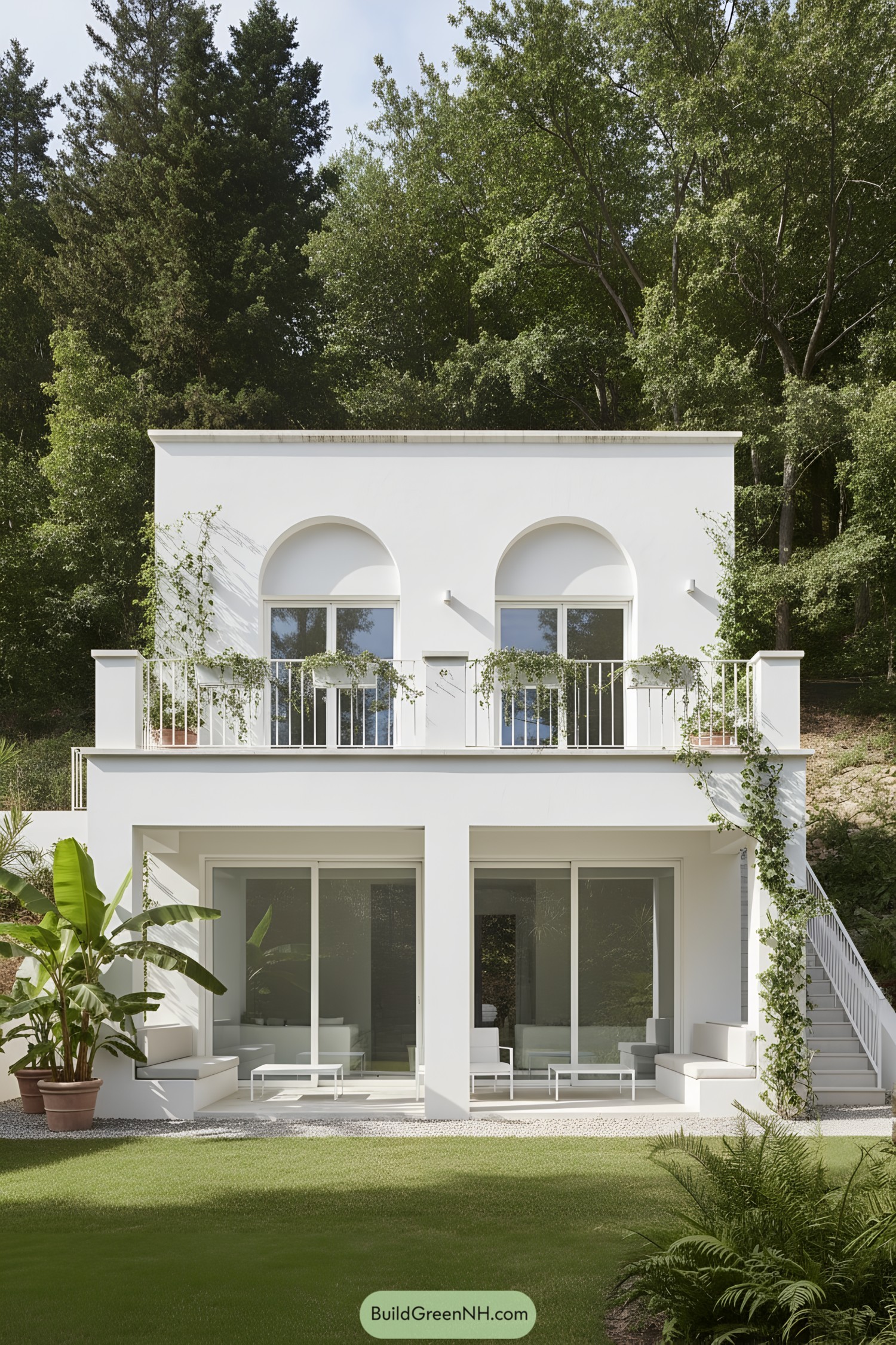 Minimalist white villa with arches and vines