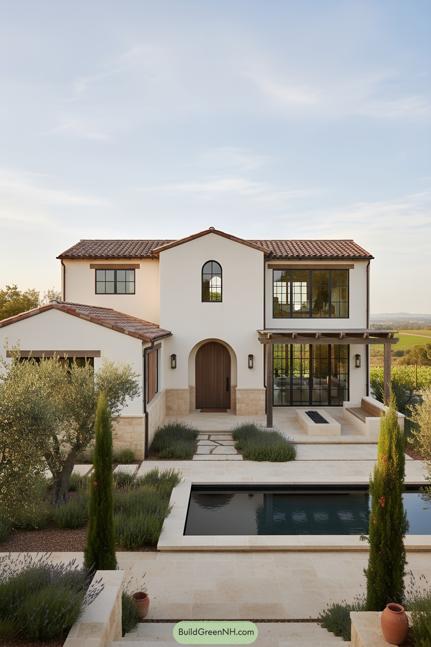 White stucco farmhouse with terracotta roof, black-framed windows, and a slim courtyard pool