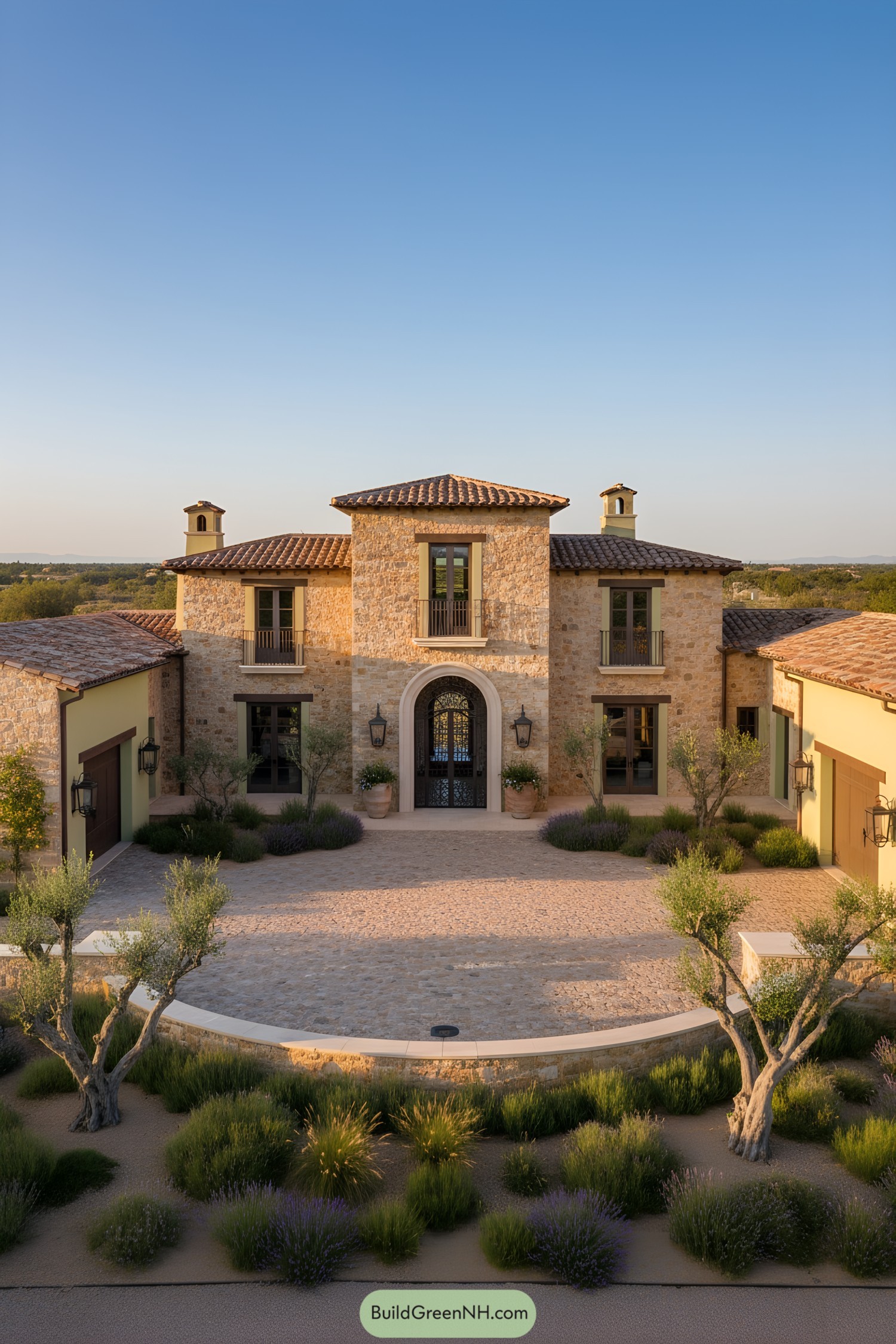 Mediterranean farmhouse with stone facade and arched entry
