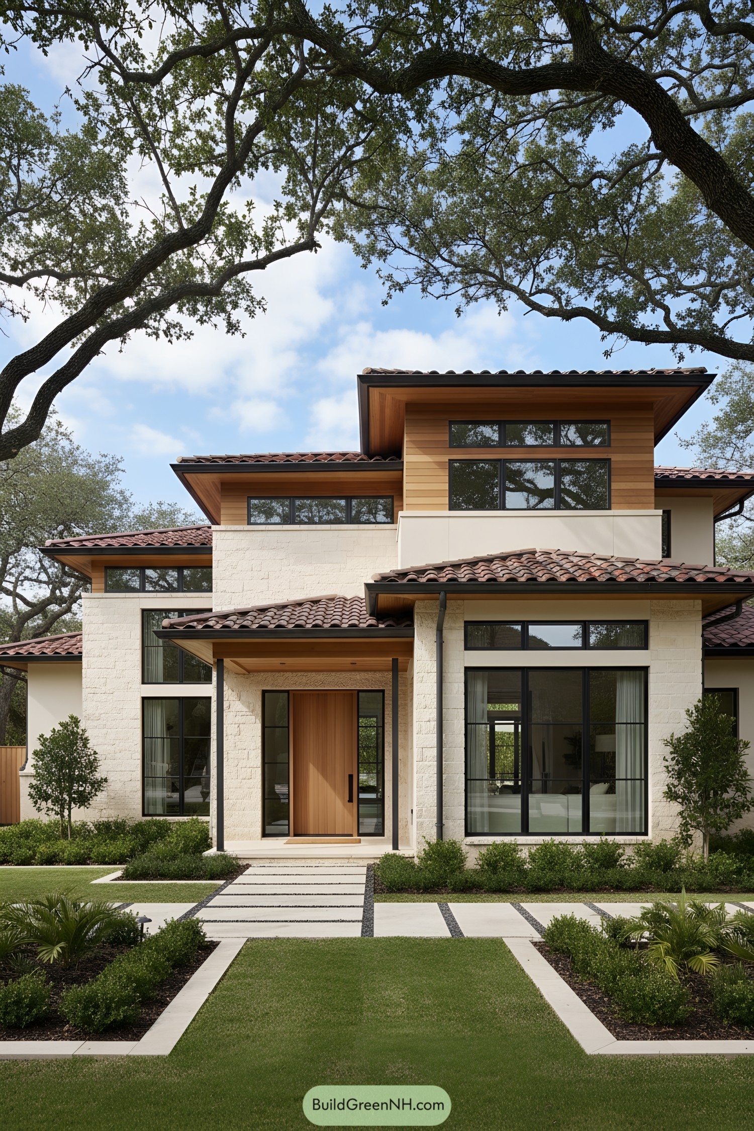 Contemporary mediterranean farmhouse with cedar accents, stucco walls, and clay-tile roofs