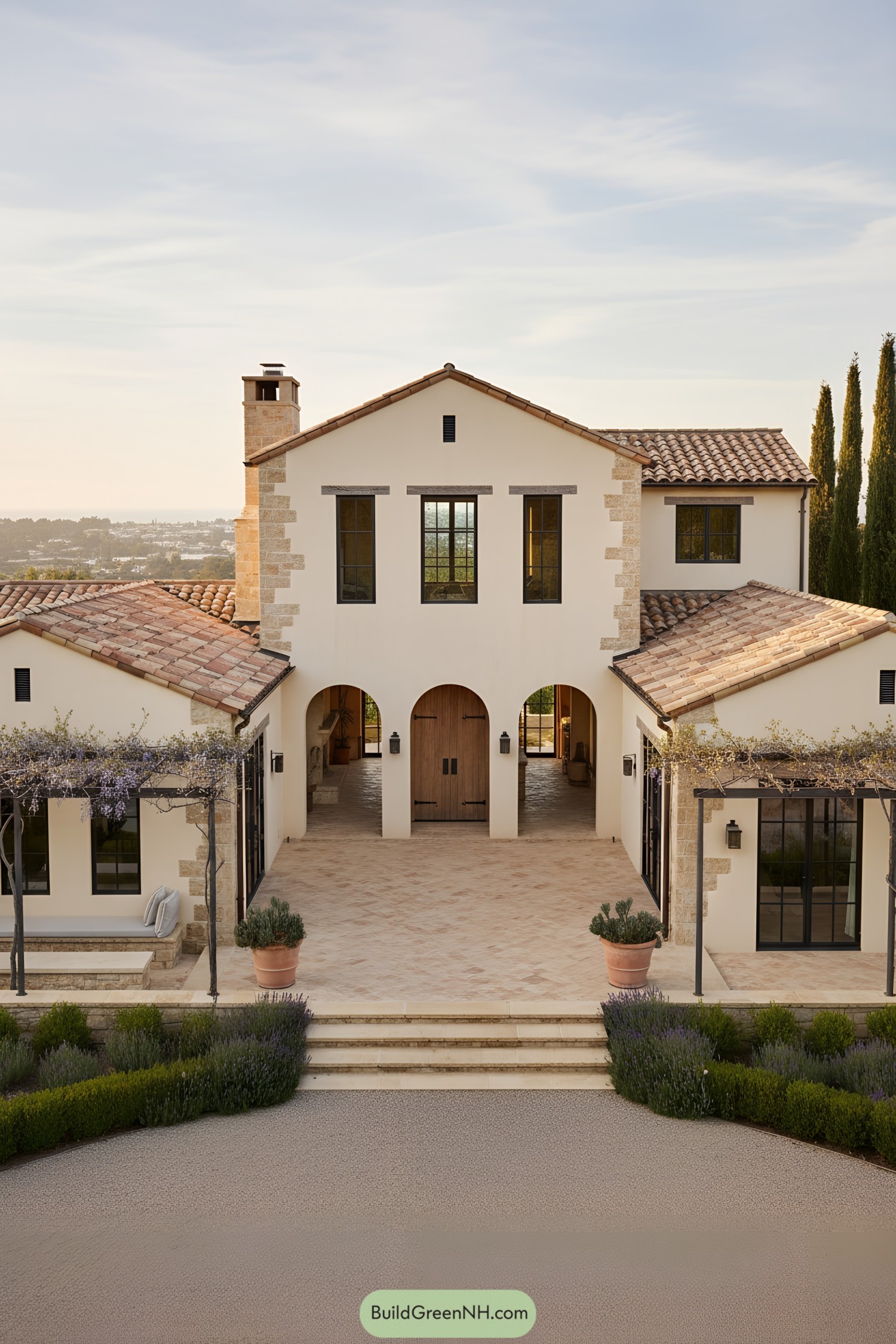 Mediterranean farmhouse with arched entry courtyard