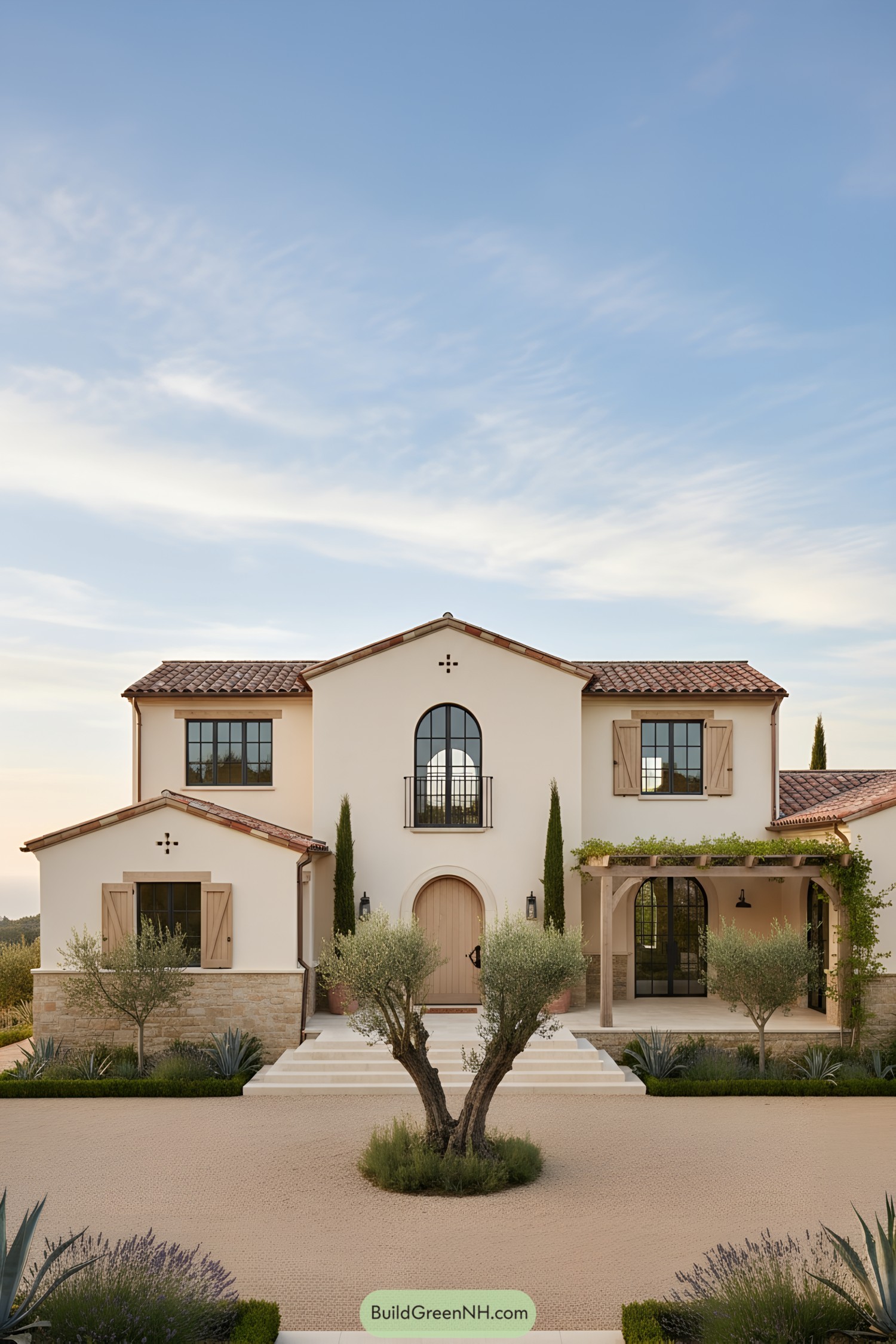 Two-story stucco farmhouse with terra-cotta roofs, arched entry, and central olive tree courtyard