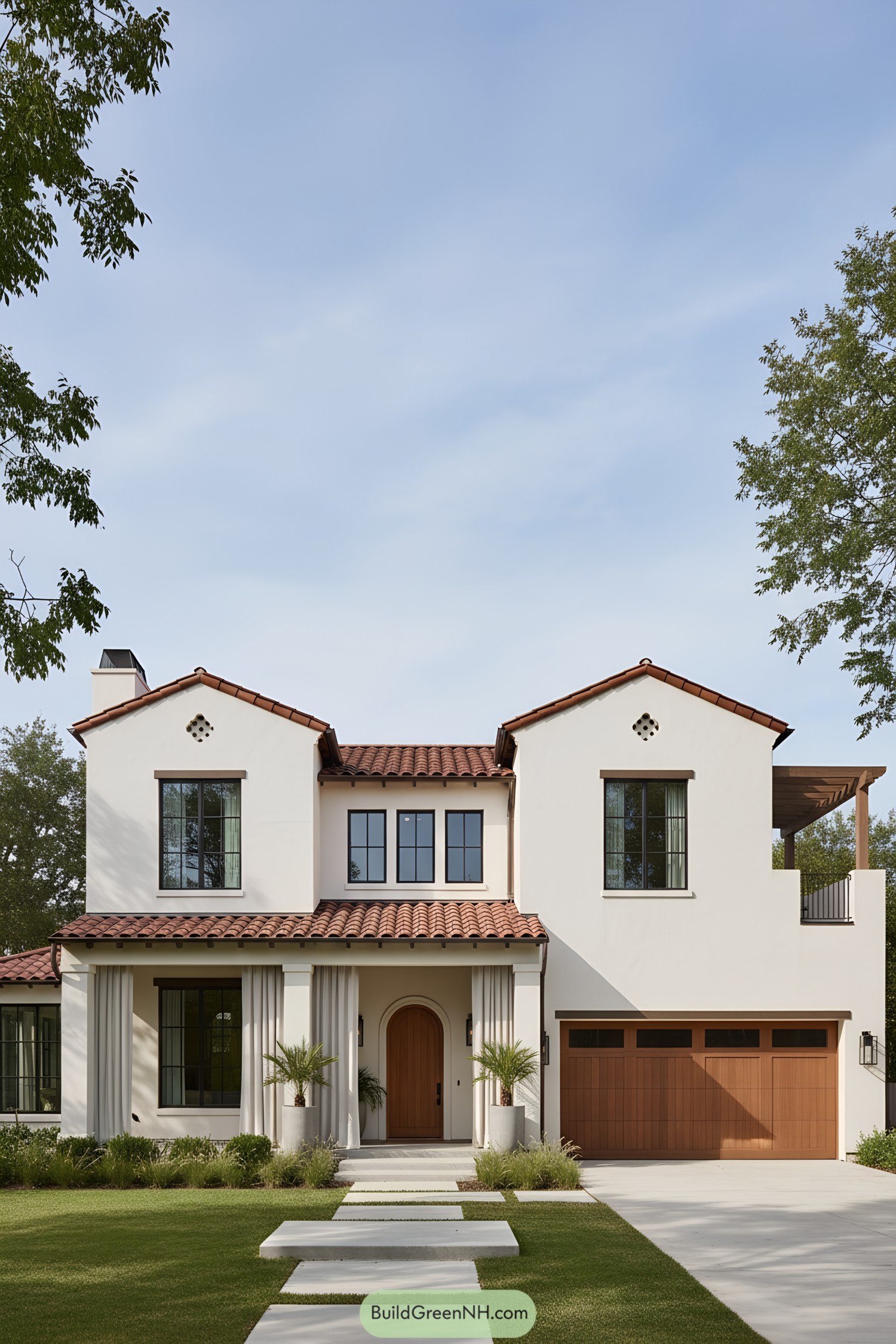 White stucco farmhouse with clay-tile roof and wood garage door