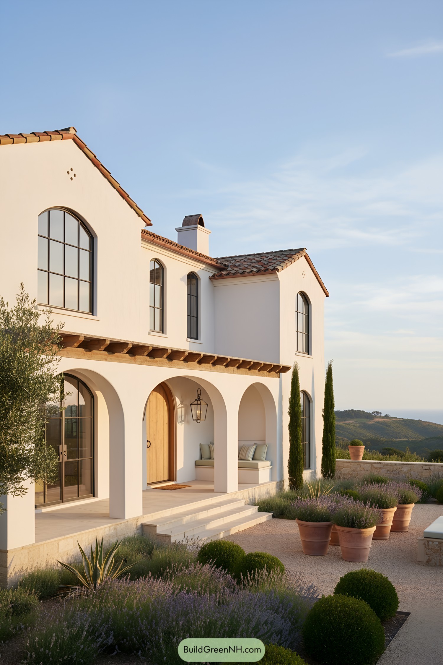 White stucco farmhouse with arches, clay tile roof, and terracotta planters on a hillside