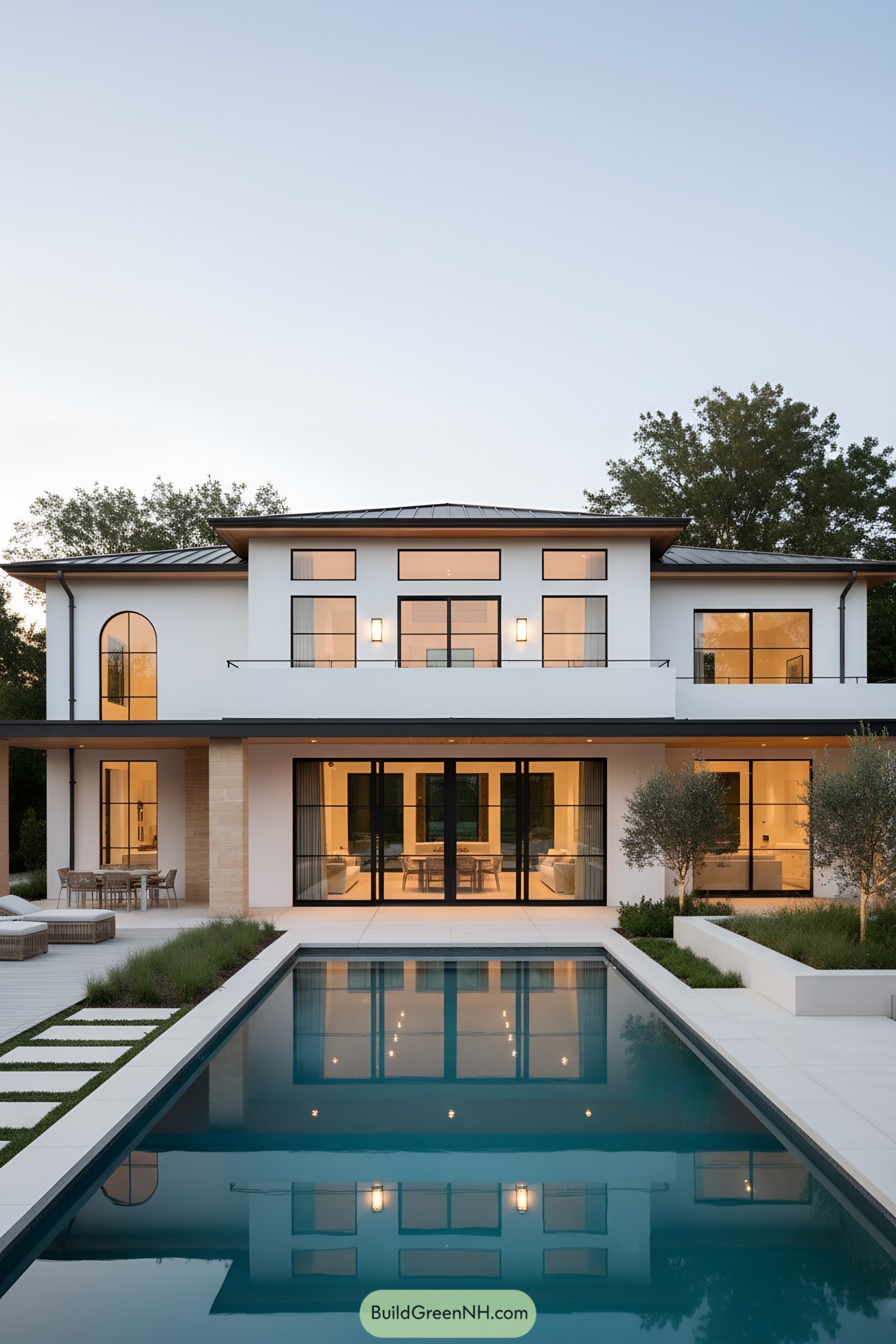 Modern Mediterranean villa with pool and large black-framed windows