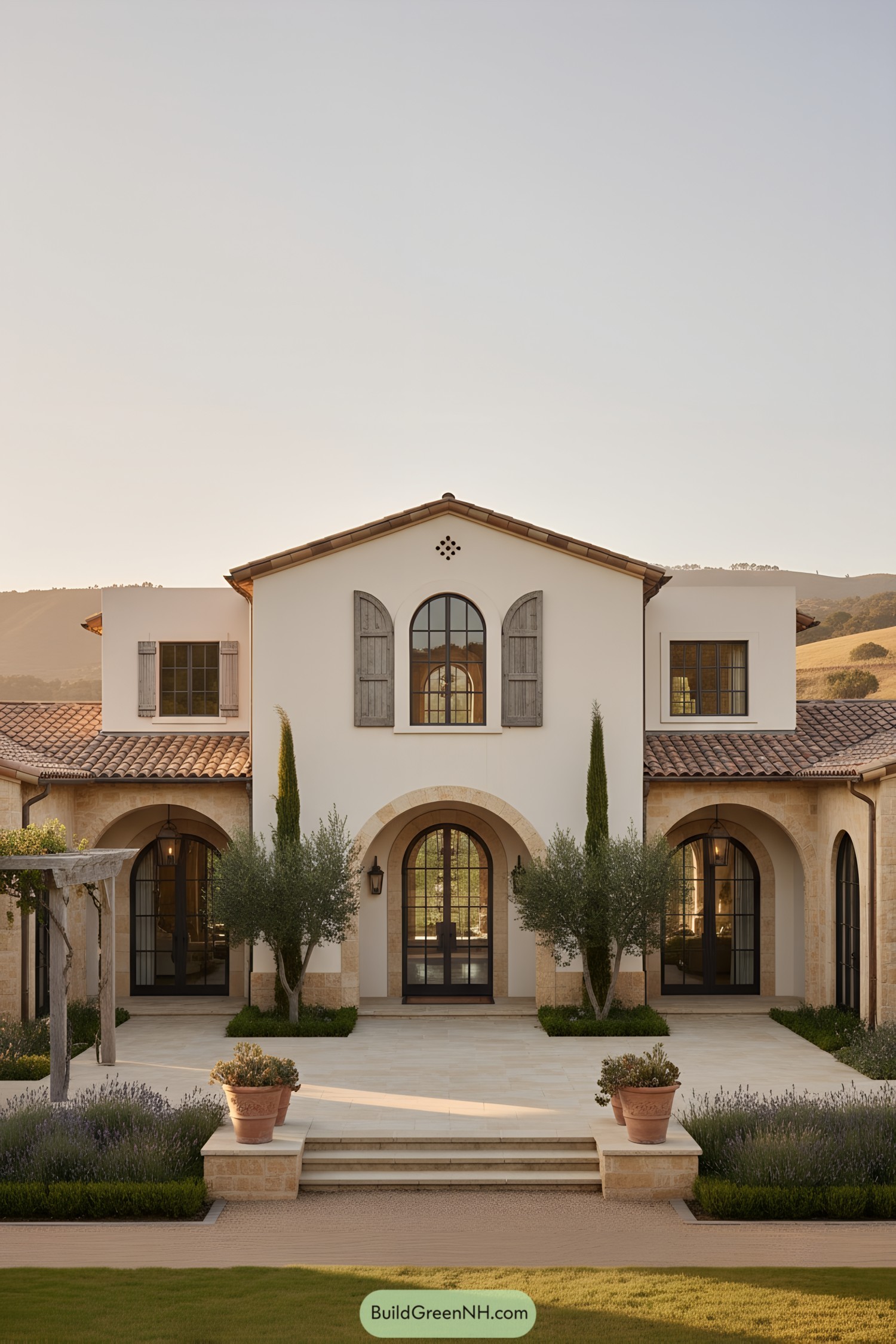 Mediterranean farmhouse with arched entry and clay tiles