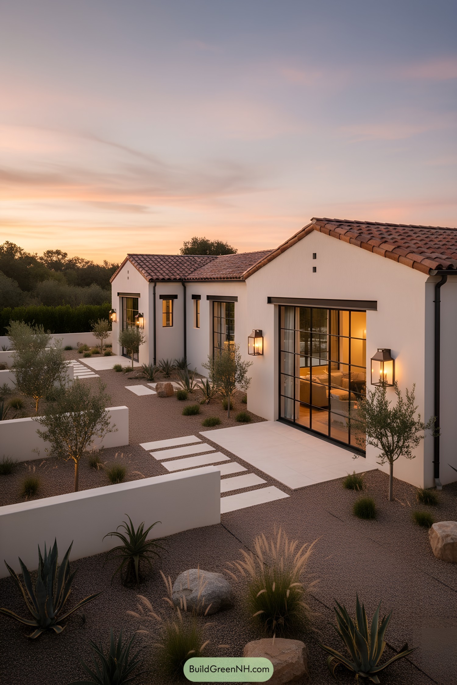 Modern Mediterranean farmhouse with white stucco walls, clay-tile gables, steel-framed glass doors, and minimalist desert landscaping at dusk