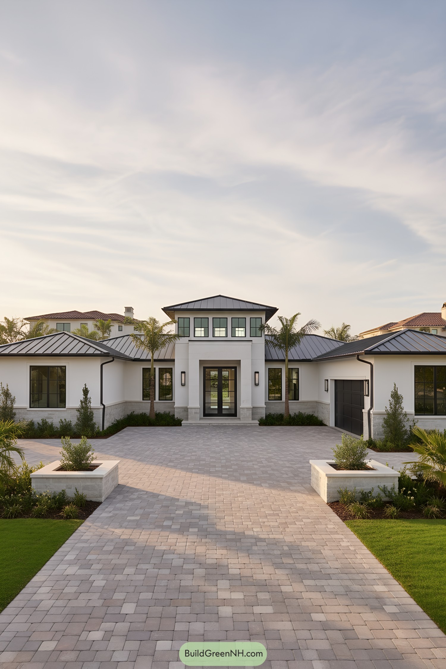 White stucco farmhouse with metal roofs and central clerestory tower